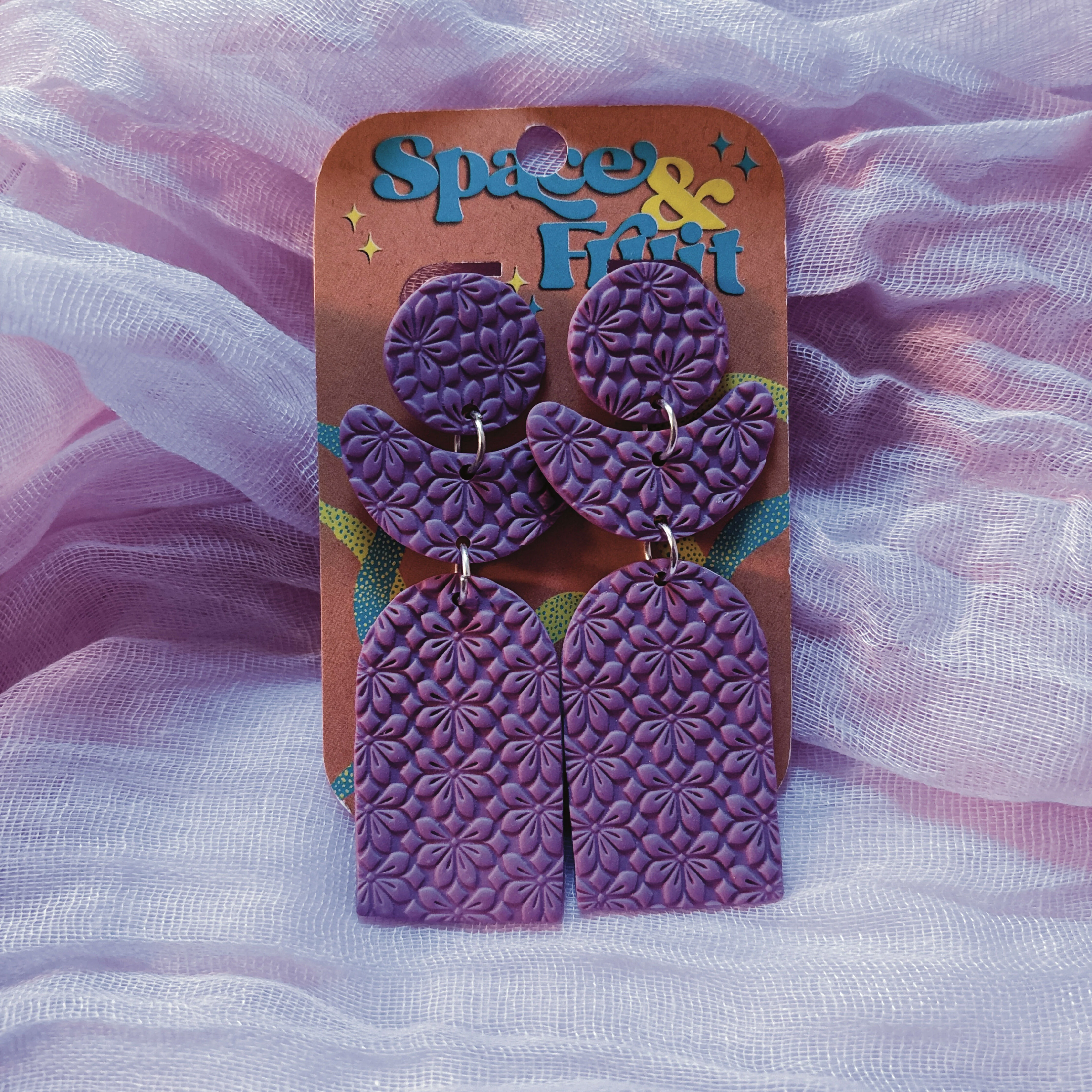 Embossed Floral Geometric Polymer Clay Earrings - Image 2