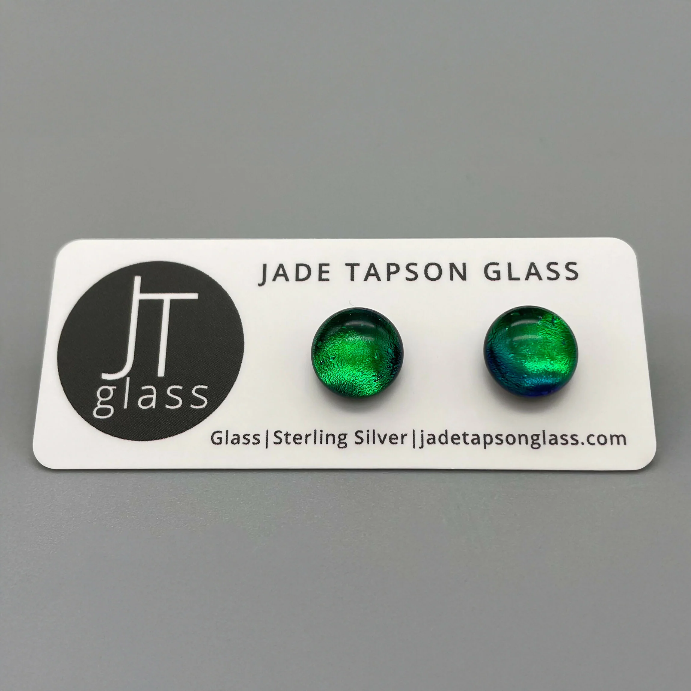 Emerald Green Dichroic Fused Glass Sterling Silver Stud Earrings - Handmade by Jade Tapson Glass. - Image 2