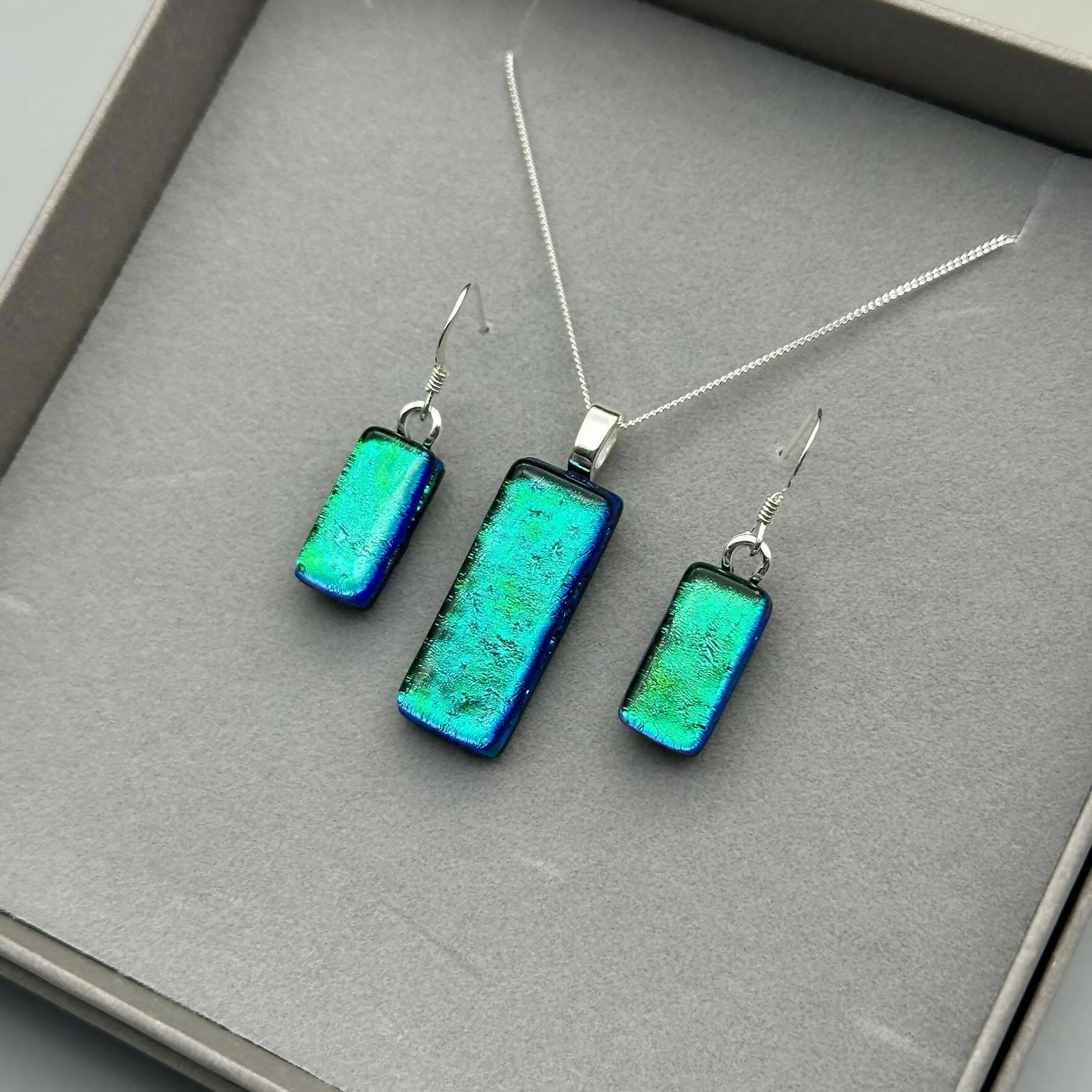 Emerald Green Dichroic Glass Necklace and Earrings Set - Sterling Silver, Handmade by Jade Tapson Glass - Image 2