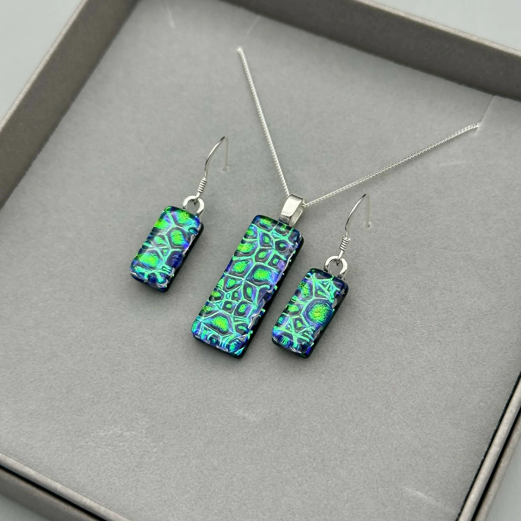 Emerald Green Raindrop Dichroic Glass Necklace and Earrings Set - Sterling Silver, Handmade by Jade Tapson Glass - Image 2