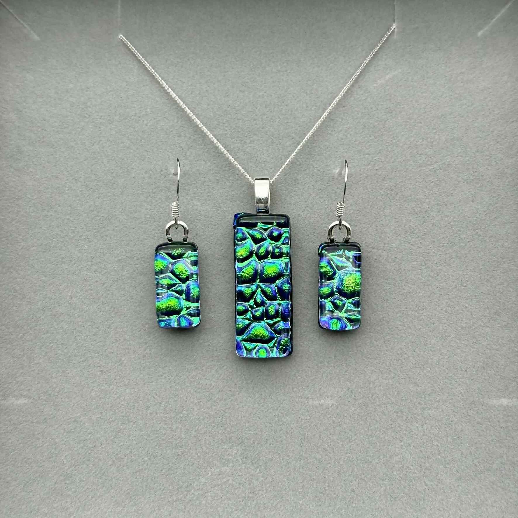 Emerald Green Raindrop Dichroic Glass Necklace and Earrings Set - Sterling Silver, Handmade by Jade Tapson Glass - Image 3