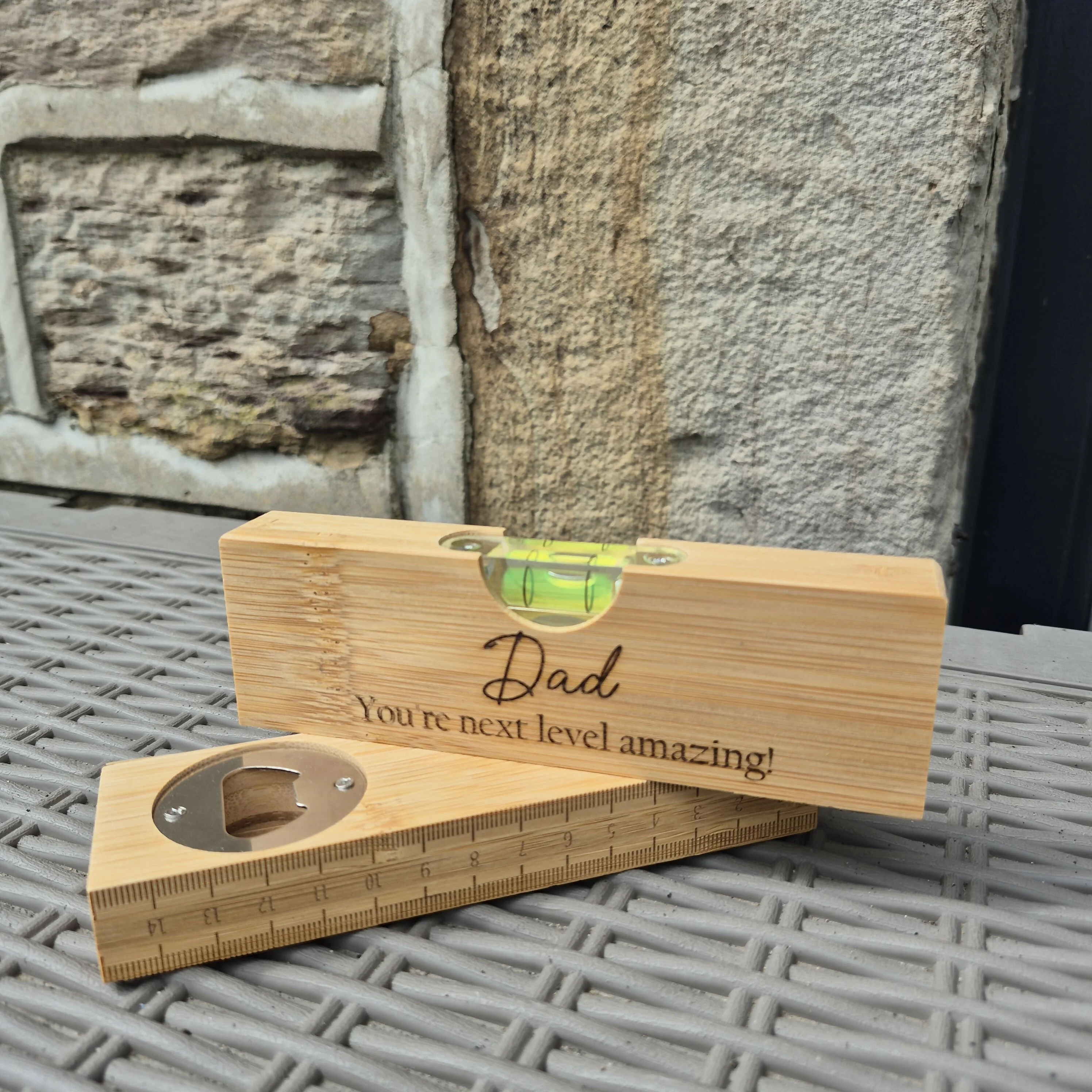 Engraved Bamboo Spirit Level – Ruler Base, Bottle Opener & Engraved Front – Unique Gift for DIY Lovers - Dad