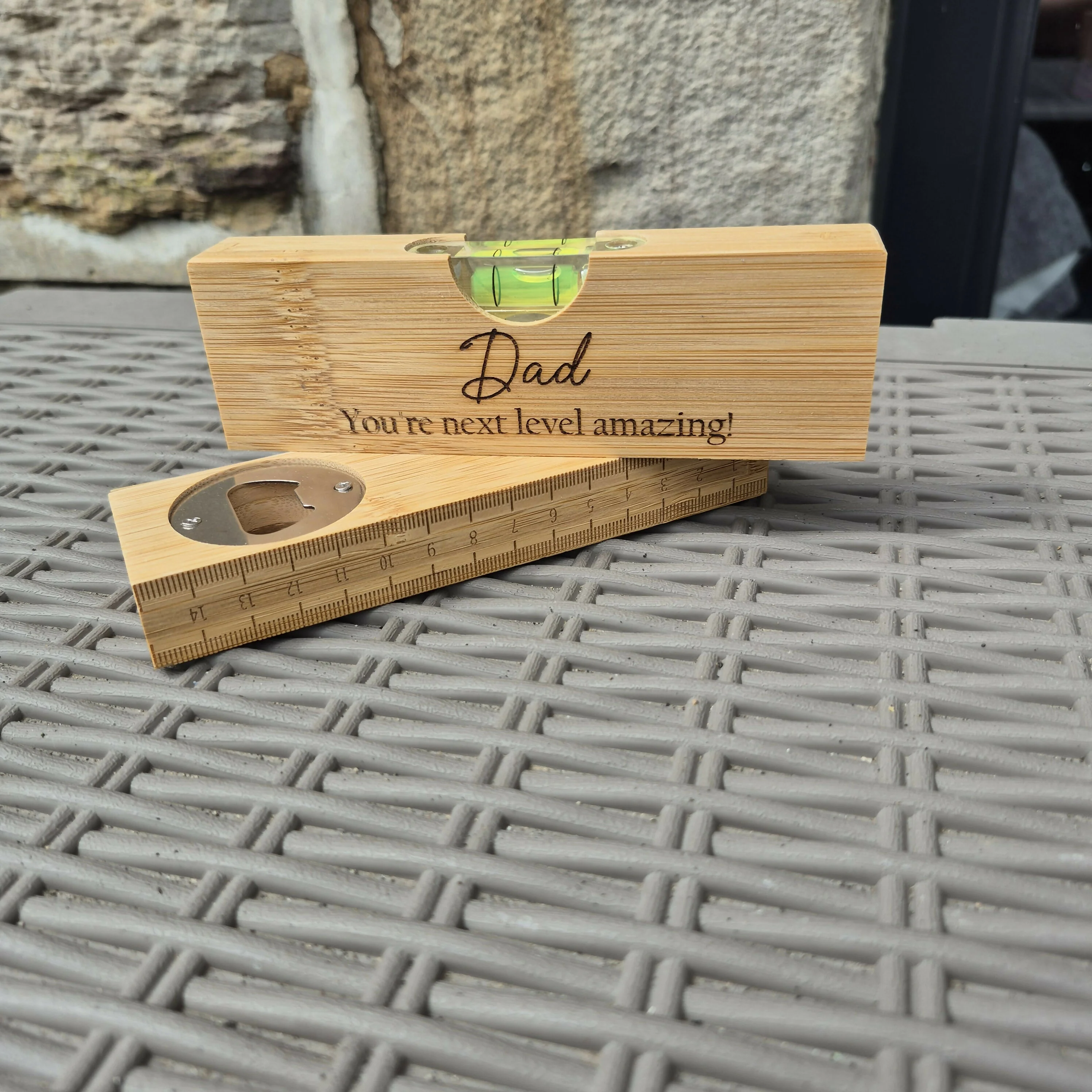 Engraved Bamboo Spirit Level – Ruler Base, Bottle Opener & Engraved Front – Unique Gift for DIY Lovers - Dad - Image 2