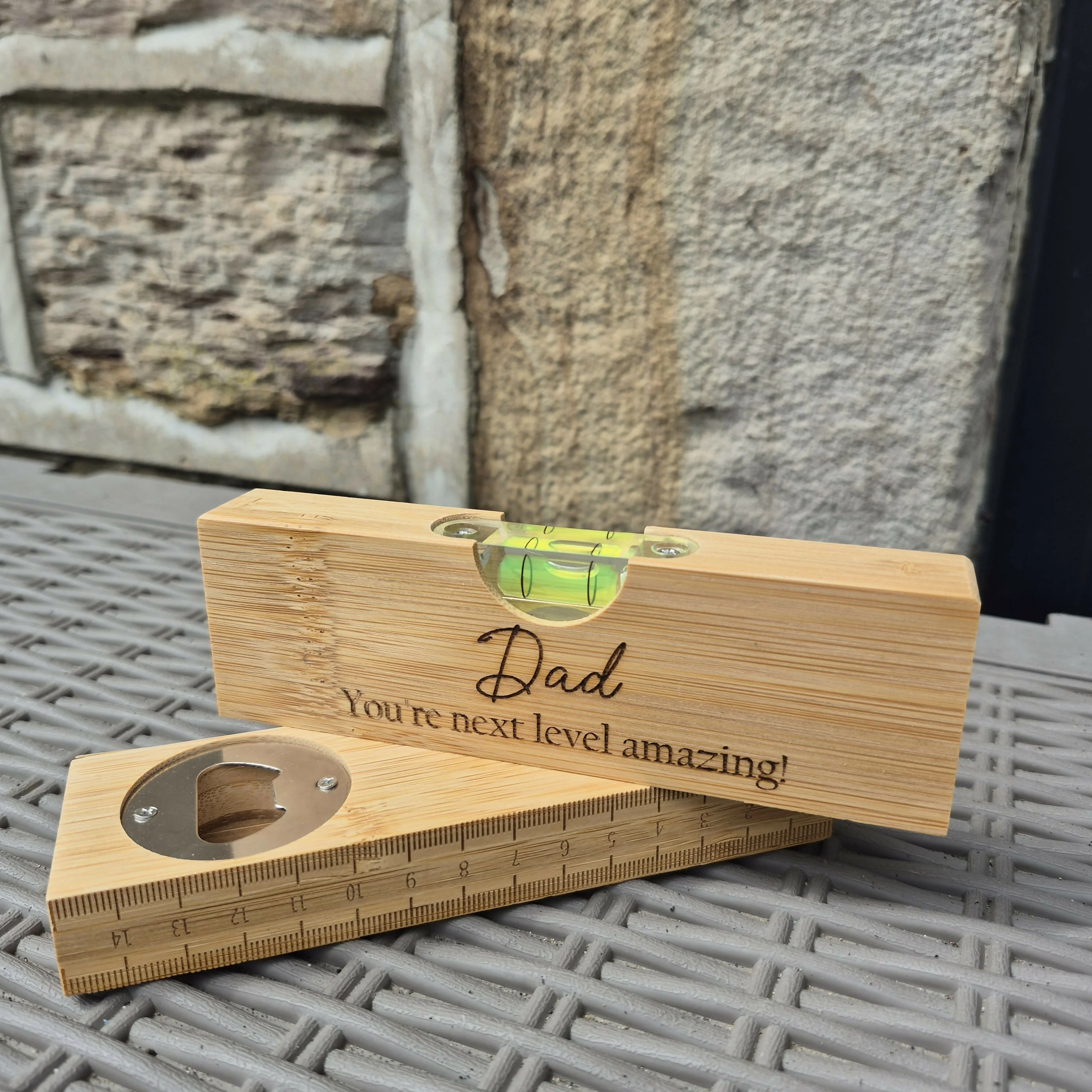 Engraved Bamboo Spirit Level – Ruler Base, Bottle Opener & Engraved Front – Unique Gift for DIY Lovers - Dad - Image 3