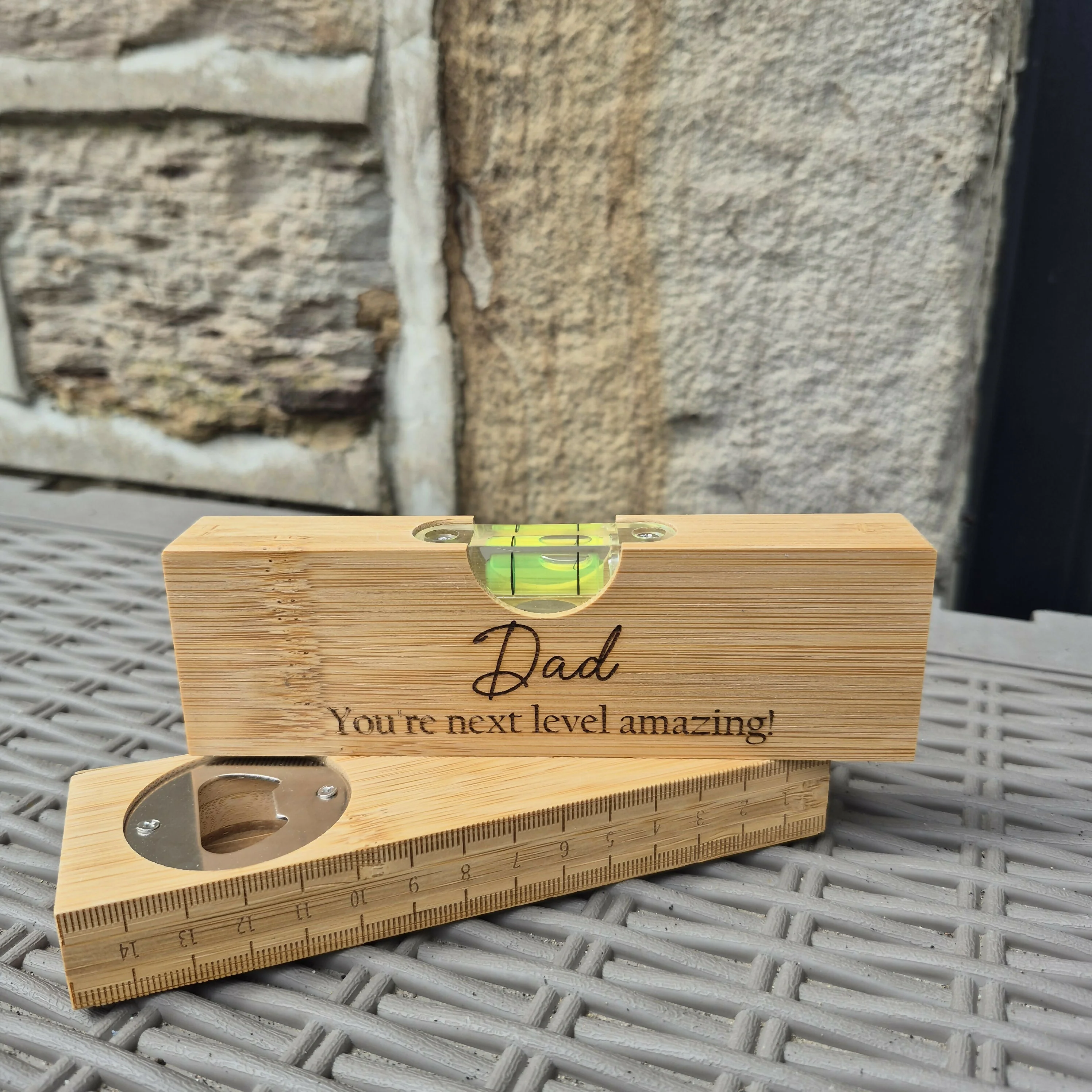Engraved Bamboo Spirit Level – Ruler Base, Bottle Opener & Engraved Front – Unique Gift for DIY Lovers - Dad - Image 4