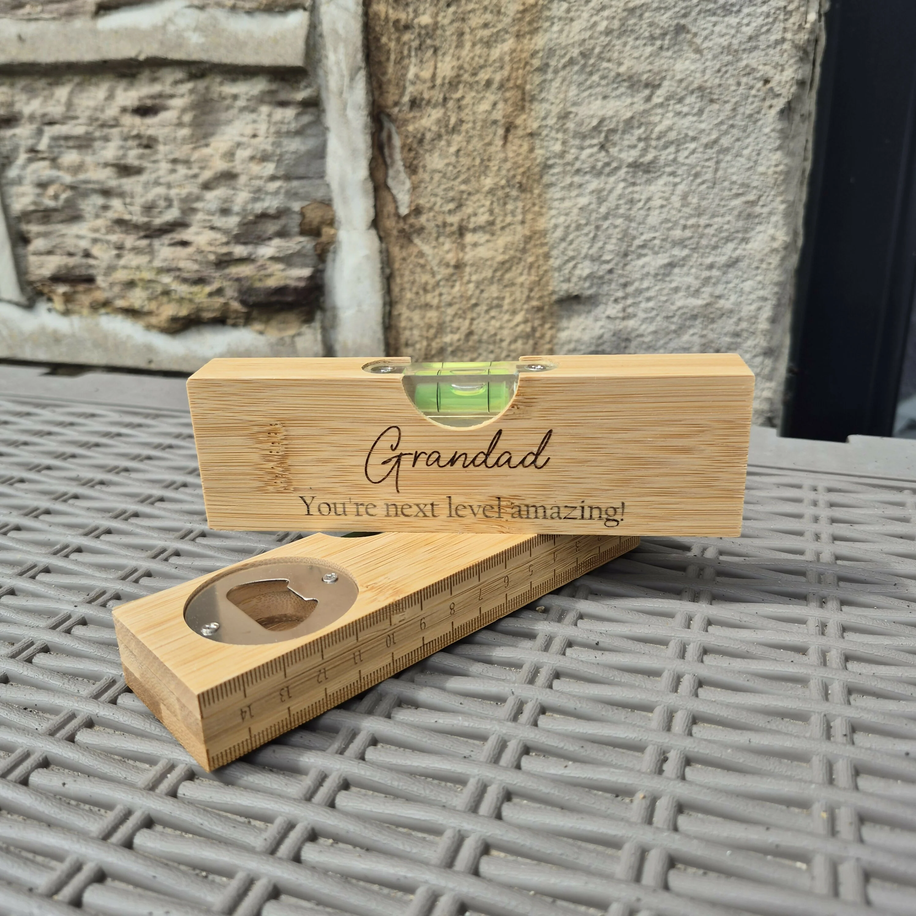 Engraved Bamboo Spirit Level – Ruler Base, Bottle Opener & Engraved Front – Unique Gift for DIY Lovers - Grandad