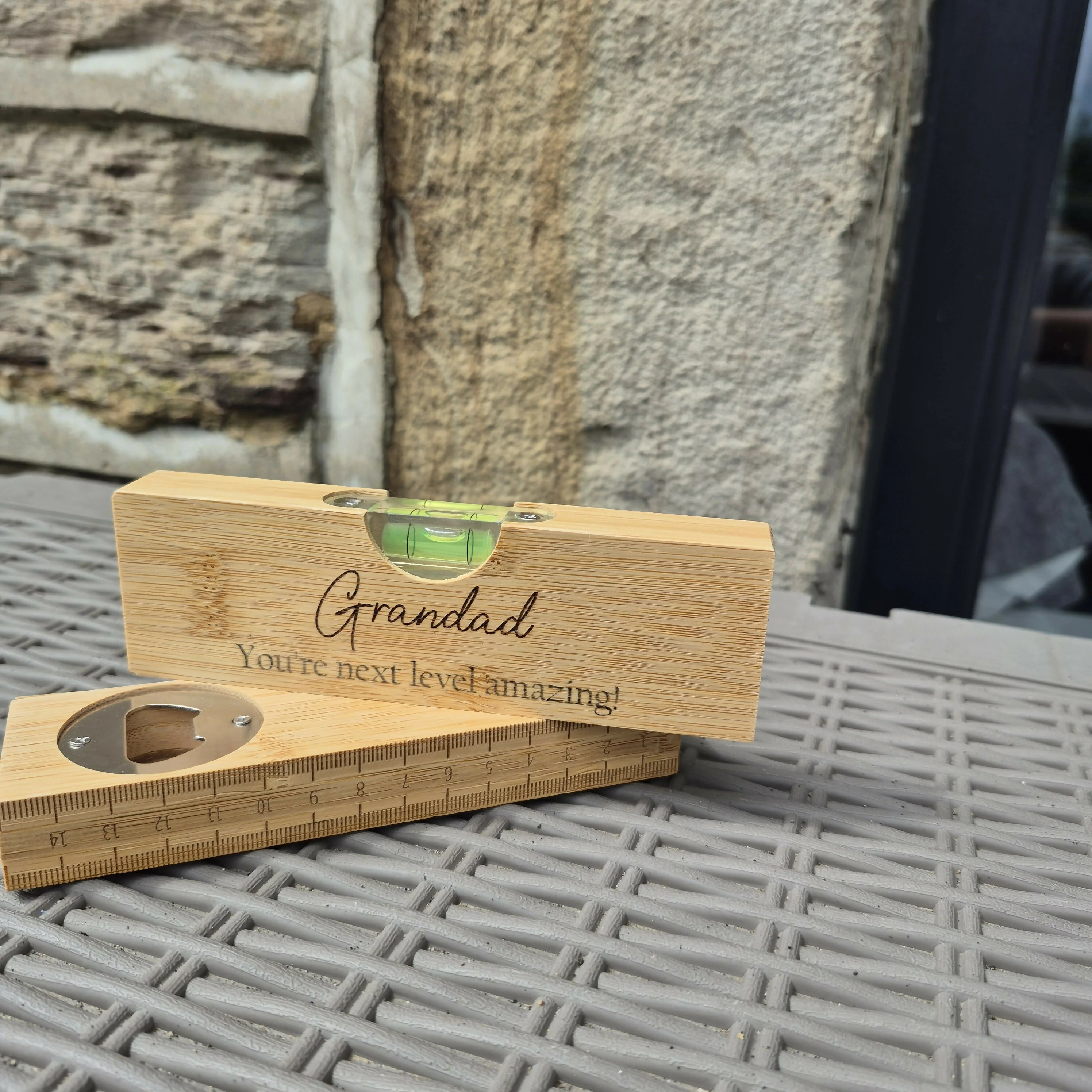 Engraved Bamboo Spirit Level – Ruler Base, Bottle Opener & Engraved Front – Unique Gift for DIY Lovers - Grandad - Image 2