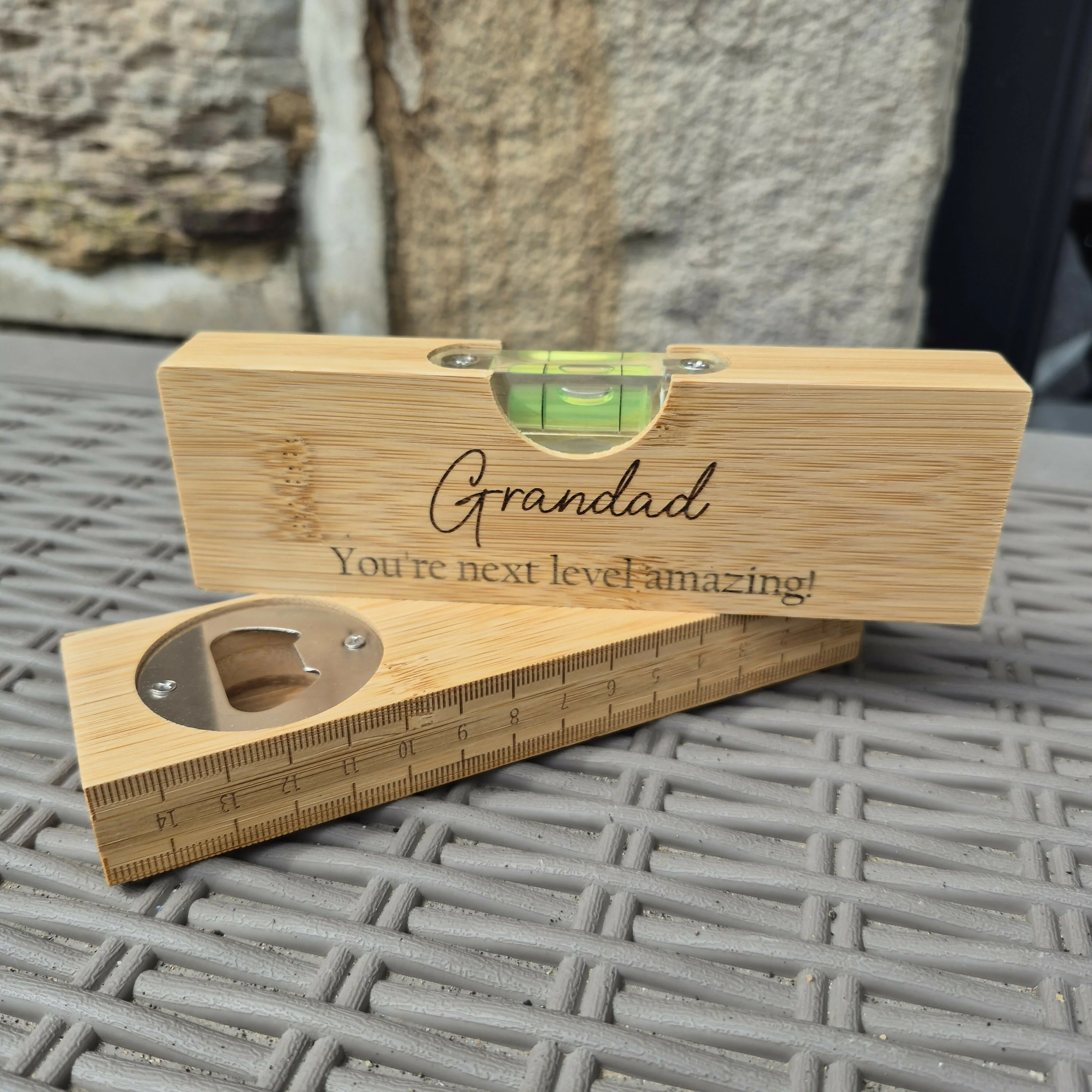 Engraved Bamboo Spirit Level – Ruler Base, Bottle Opener & Engraved Front – Unique Gift for DIY Lovers - Grandad - Image 3