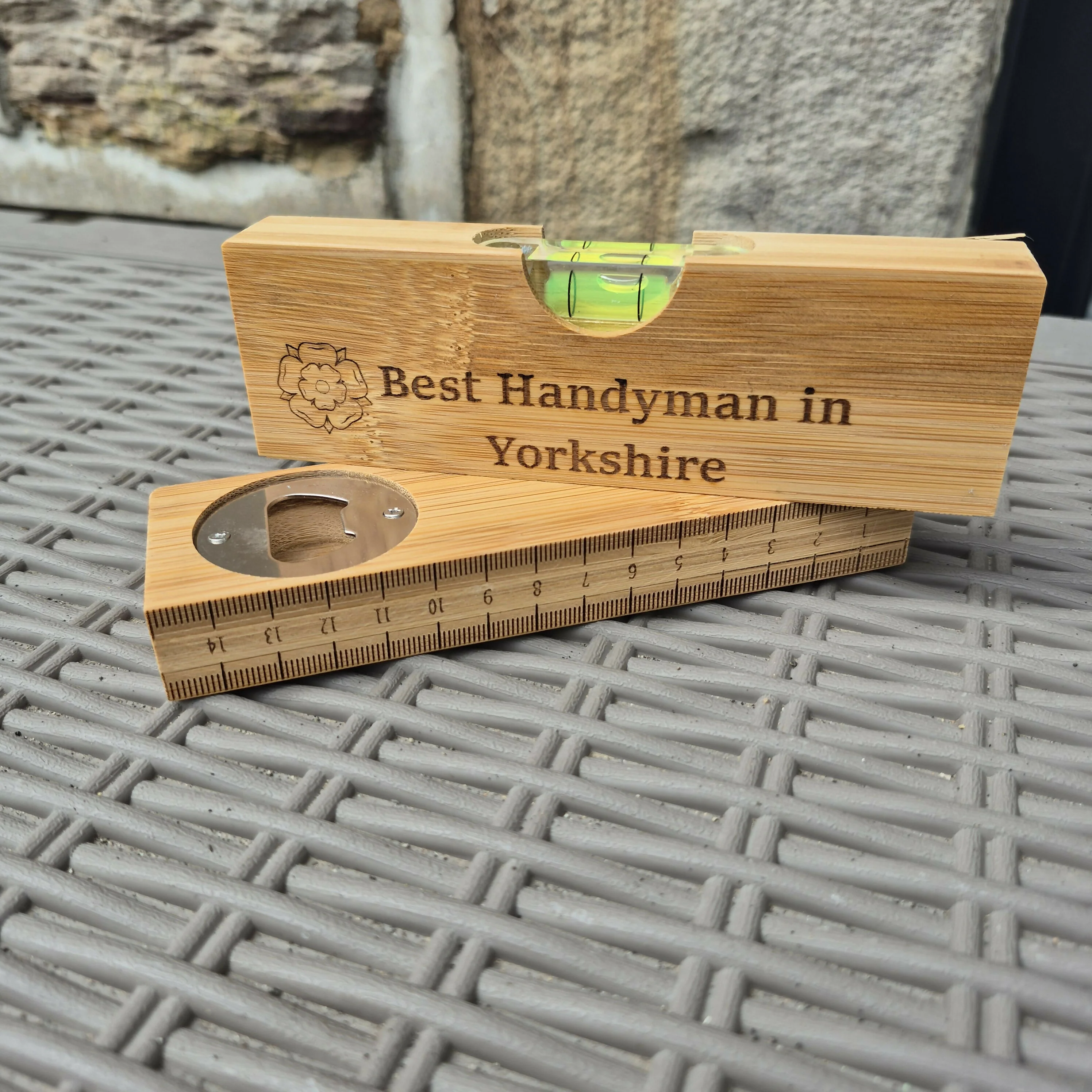 Engraved Bamboo Spirit Level – Ruler Base, Bottle Opener & Engraved Front – Unique Gift for DIY Lovers - Yorkshire