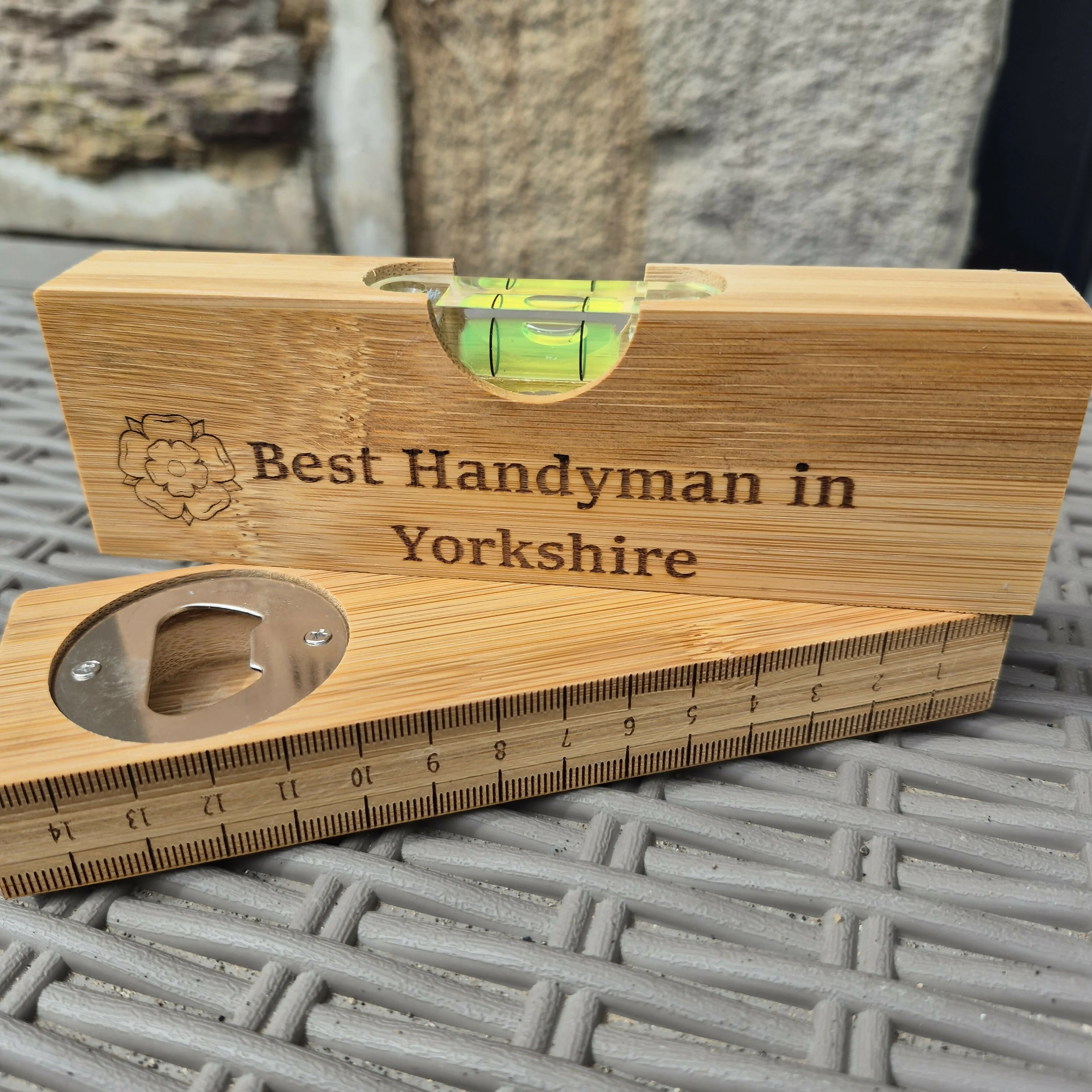Engraved Bamboo Spirit Level – Ruler Base, Bottle Opener & Engraved Front – Unique Gift for DIY Lovers - Yorkshire - Image 2