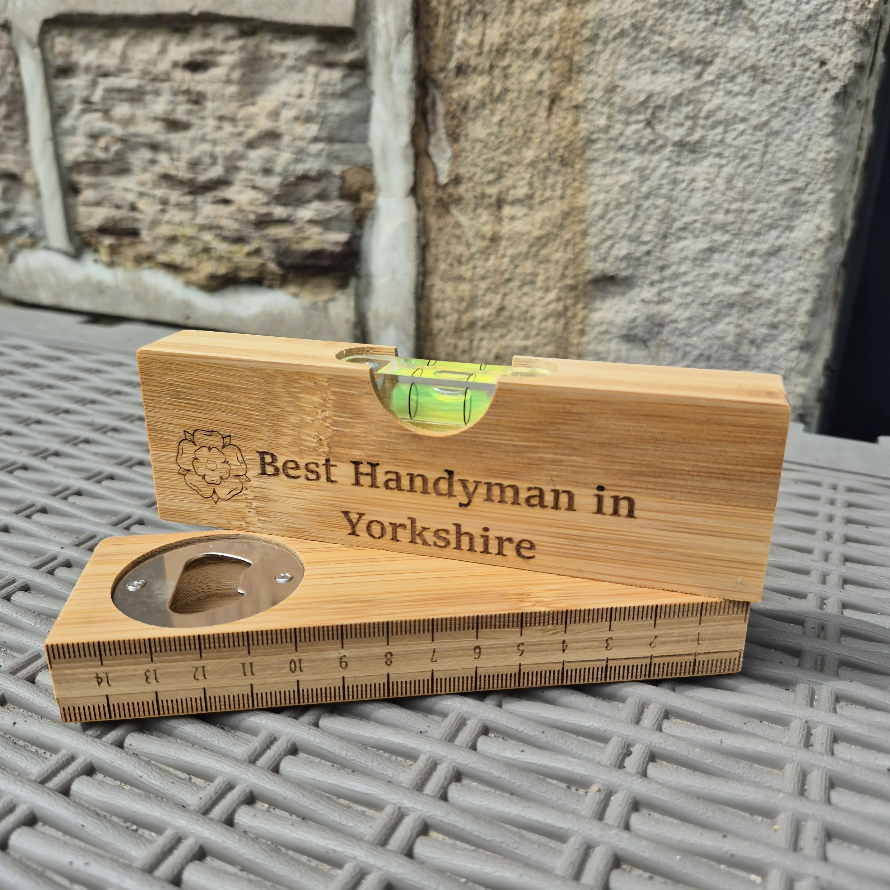 Engraved Bamboo Spirit Level – Ruler Base, Bottle Opener & Engraved Front – Unique Gift for DIY Lovers - Yorkshire - Image 3