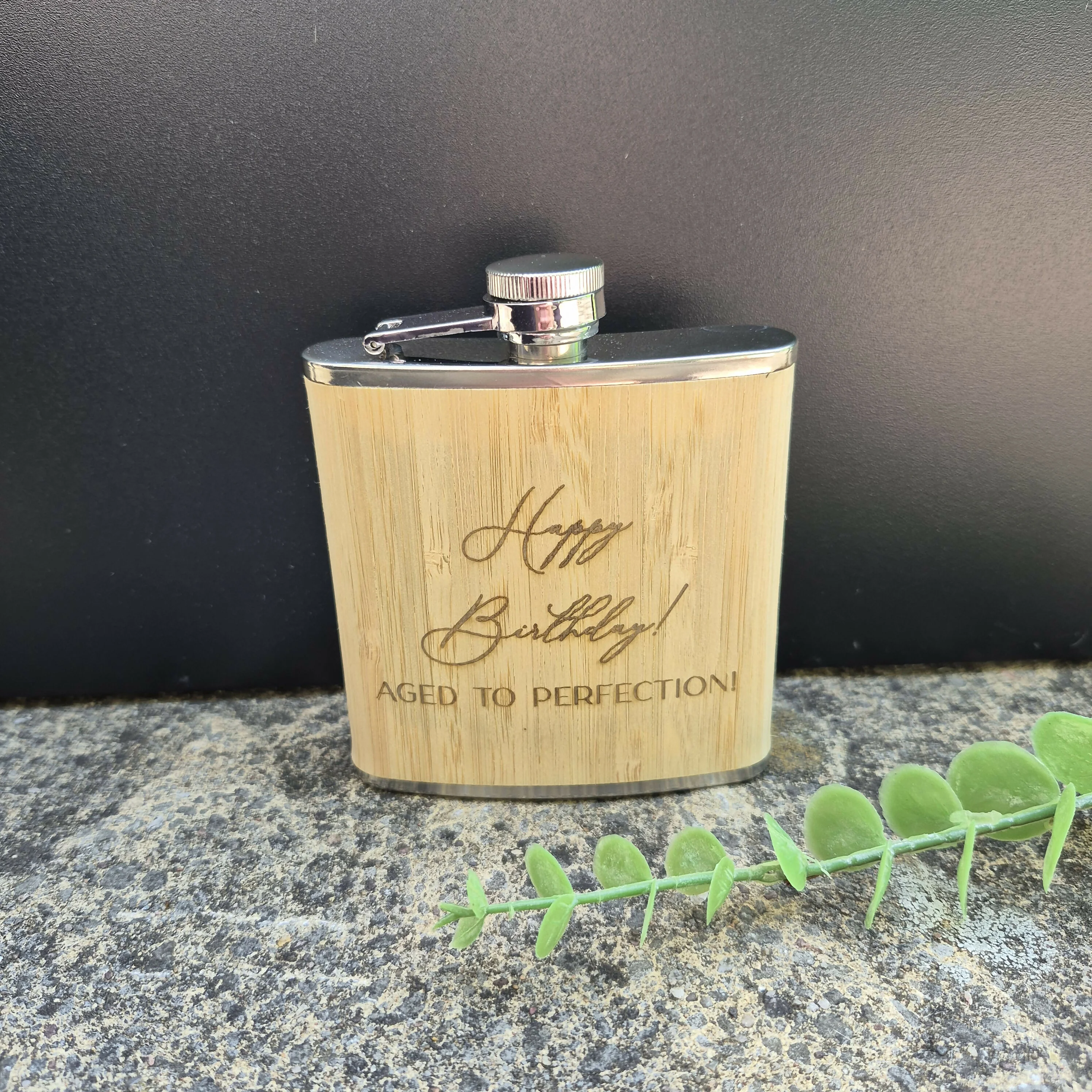 Engraved Bamboo & Stainless Steel Hip Flask – 6oz Gift for Father's Day, Birthday or Christmas - Happy Birthday