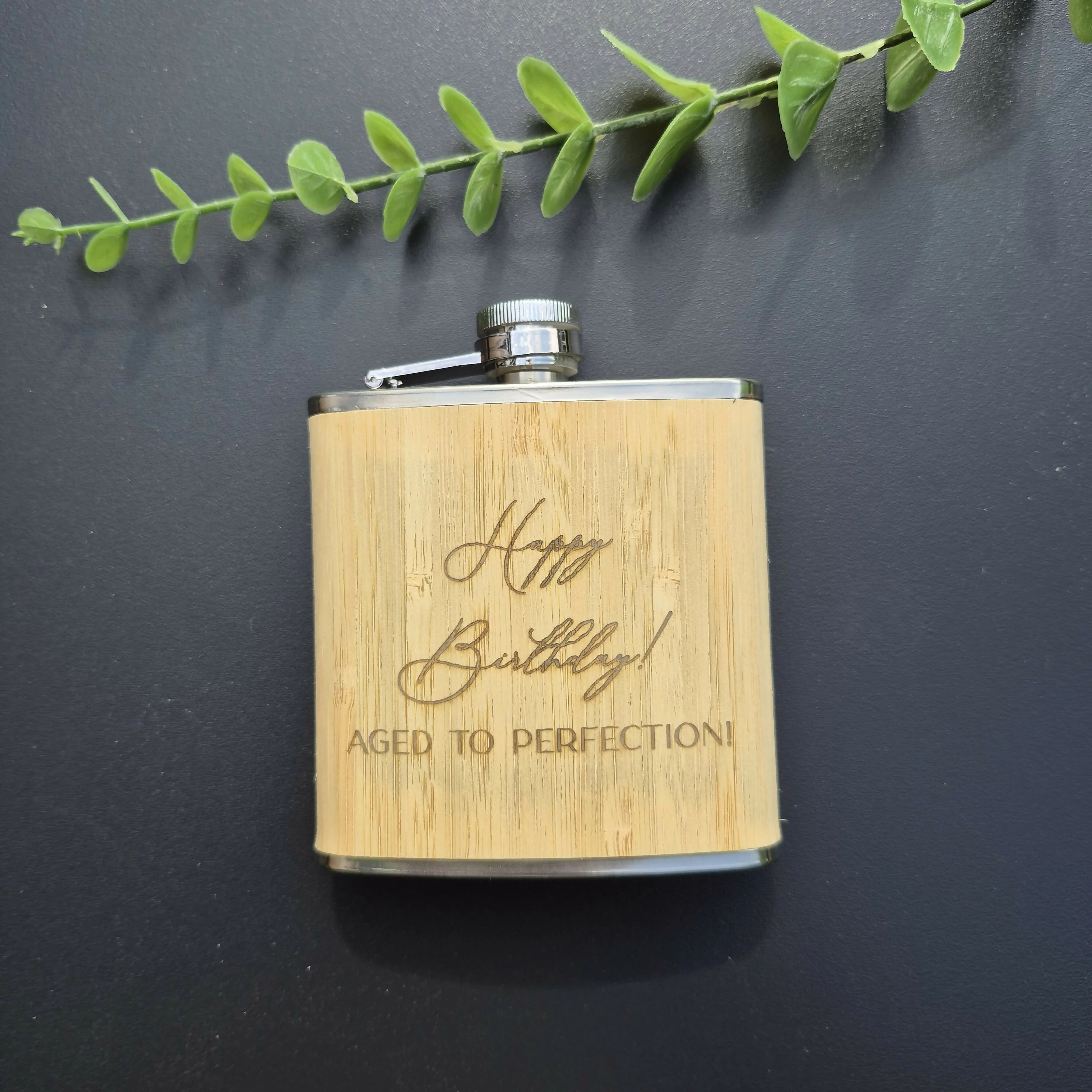 Engraved Bamboo & Stainless Steel Hip Flask – 6oz Gift for Father's Day, Birthday or Christmas - Happy Birthday - Image 2