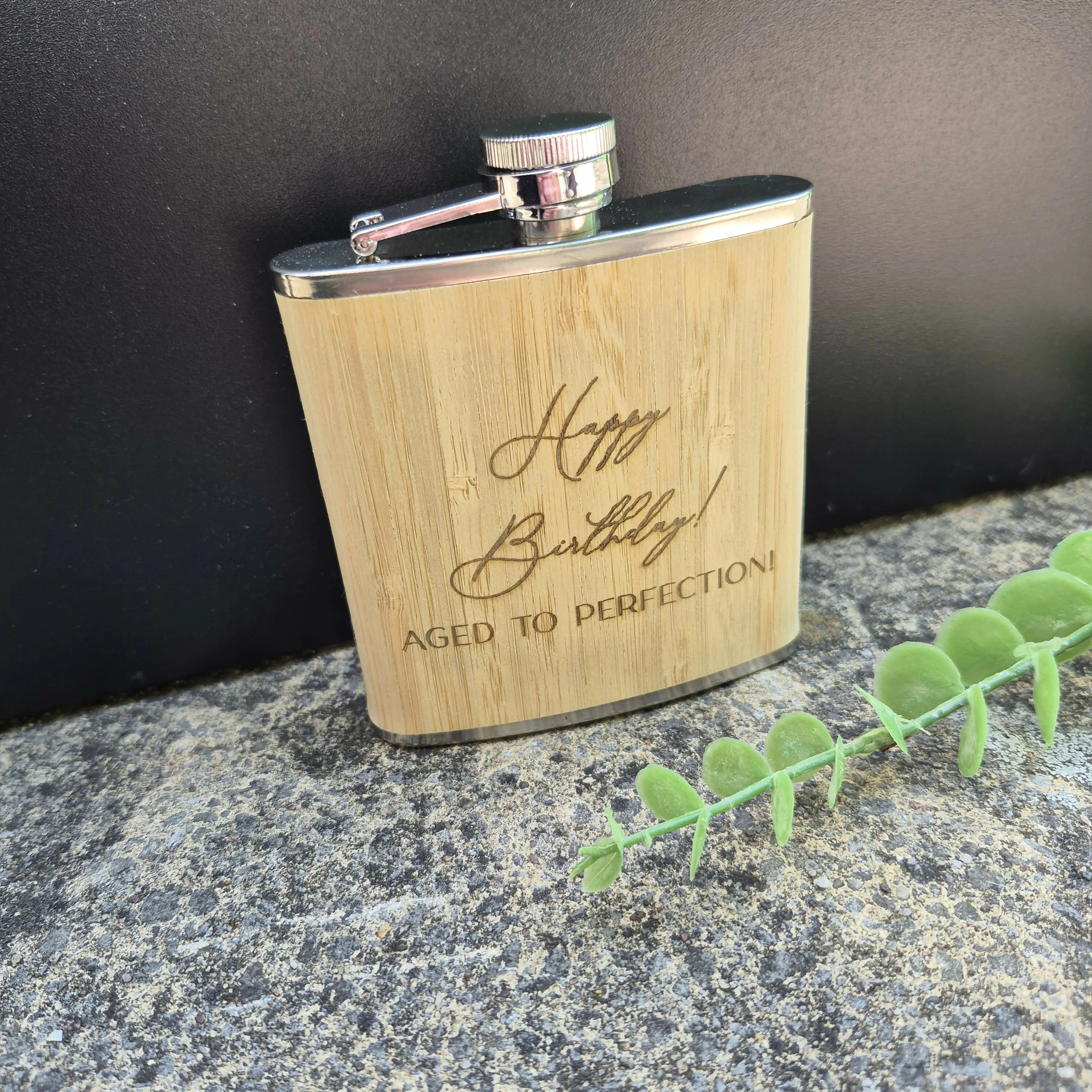 Engraved Bamboo & Stainless Steel Hip Flask – 6oz Gift for Father's Day, Birthday or Christmas - Happy Birthday - Image 3