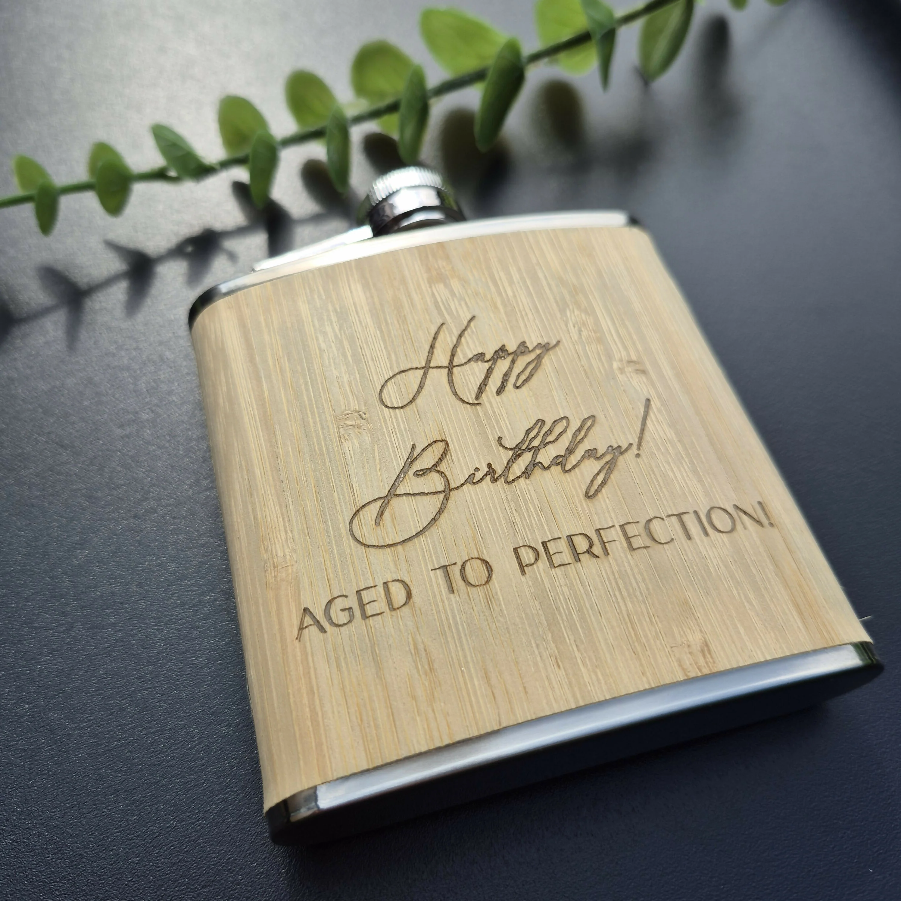 Engraved Bamboo & Stainless Steel Hip Flask – 6oz Gift for Father's Day, Birthday or Christmas - Happy Birthday - Image 4
