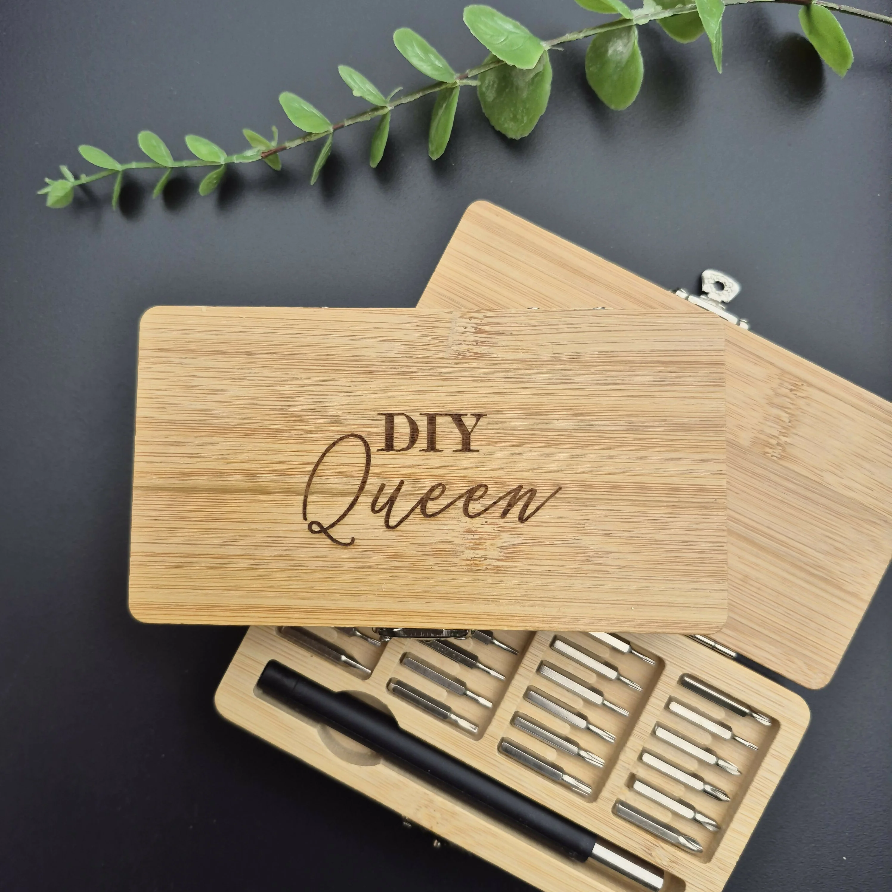 Engraved Bamboo Wood Tool Set – 24-in-1 Precision Screwdriver Kit with Interchangeable Bits - DIY Queen