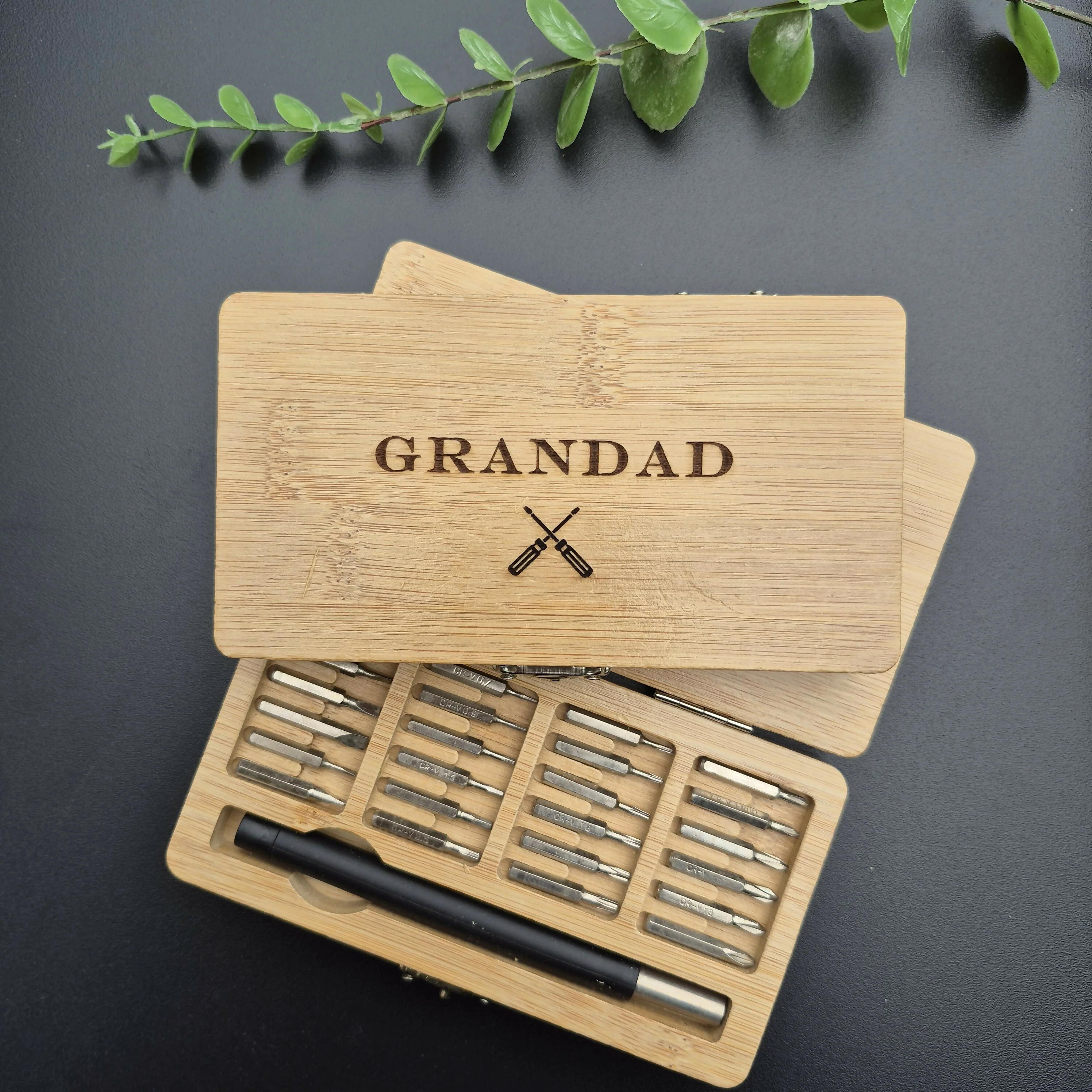 Engraved Bamboo Wood Tool Set – 24-in-1 Precision Screwdriver Kit with Interchangeable Bits - Grandad