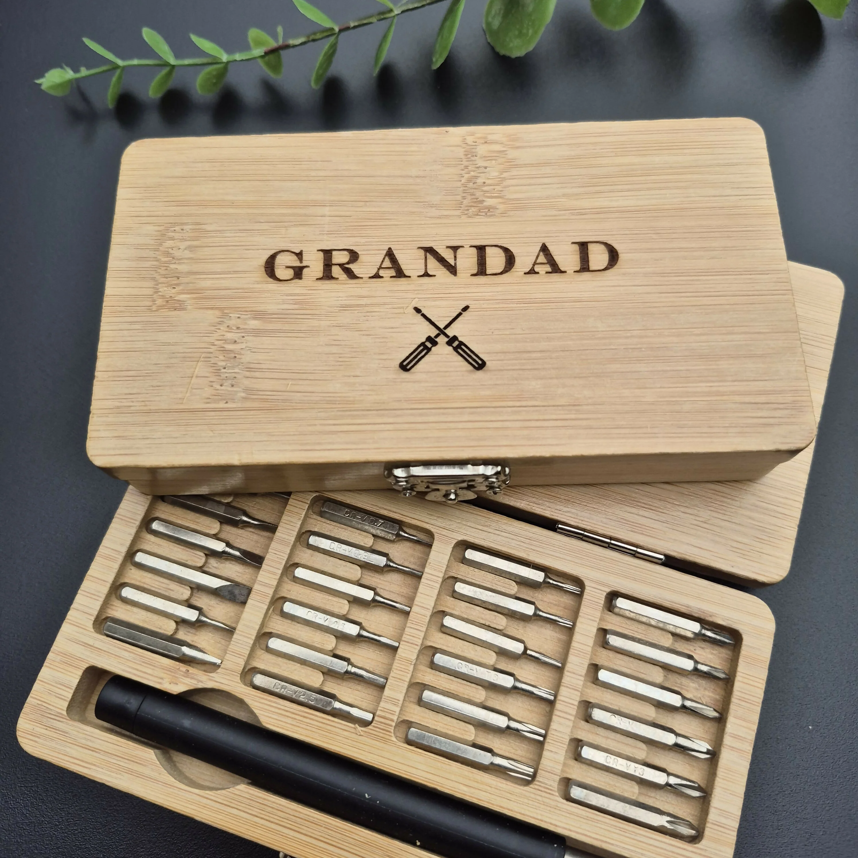 Engraved Bamboo Wood Tool Set – 24-in-1 Precision Screwdriver Kit with Interchangeable Bits - Grandad - Image 2