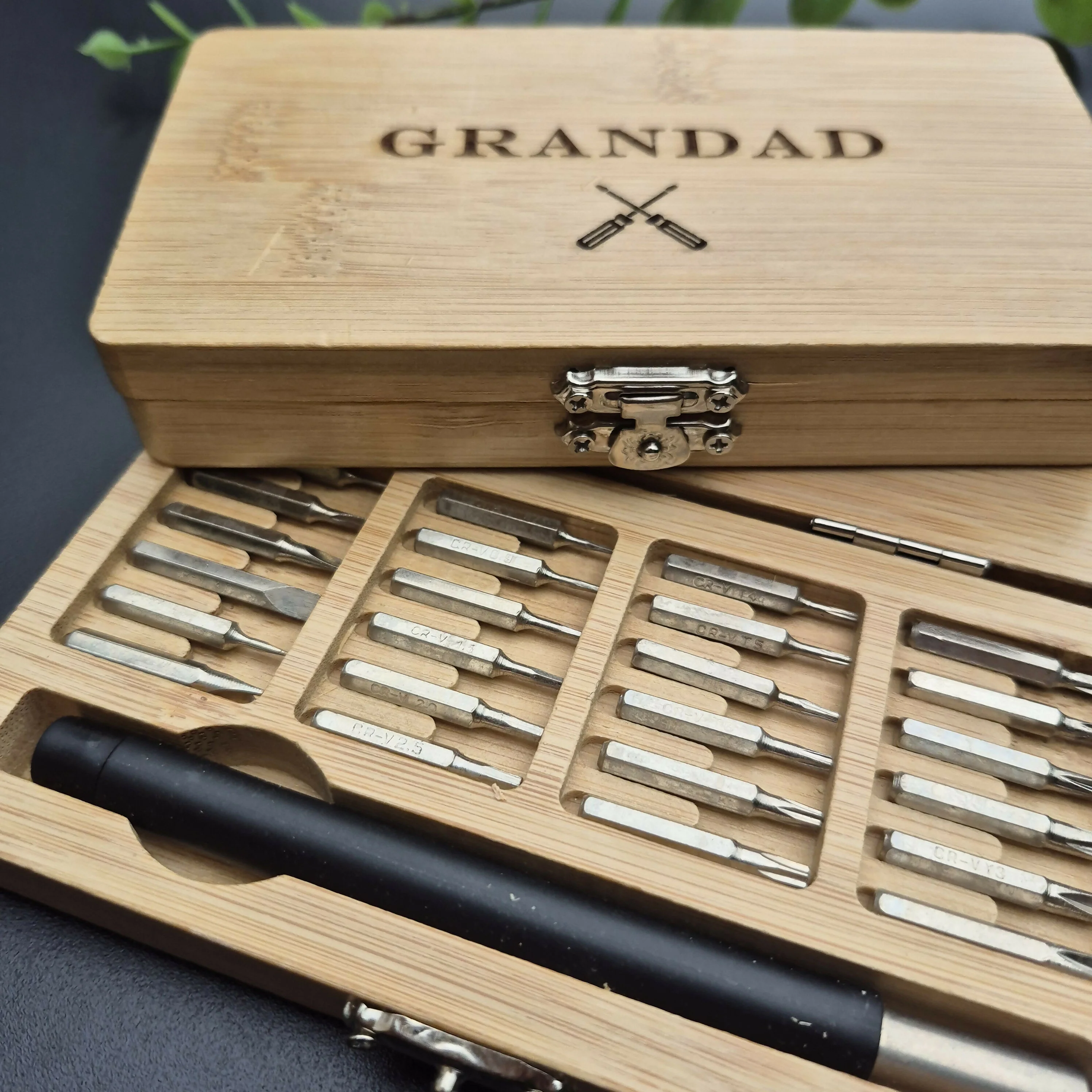 Engraved Bamboo Wood Tool Set – 24-in-1 Precision Screwdriver Kit with Interchangeable Bits - Grandad - Image 3