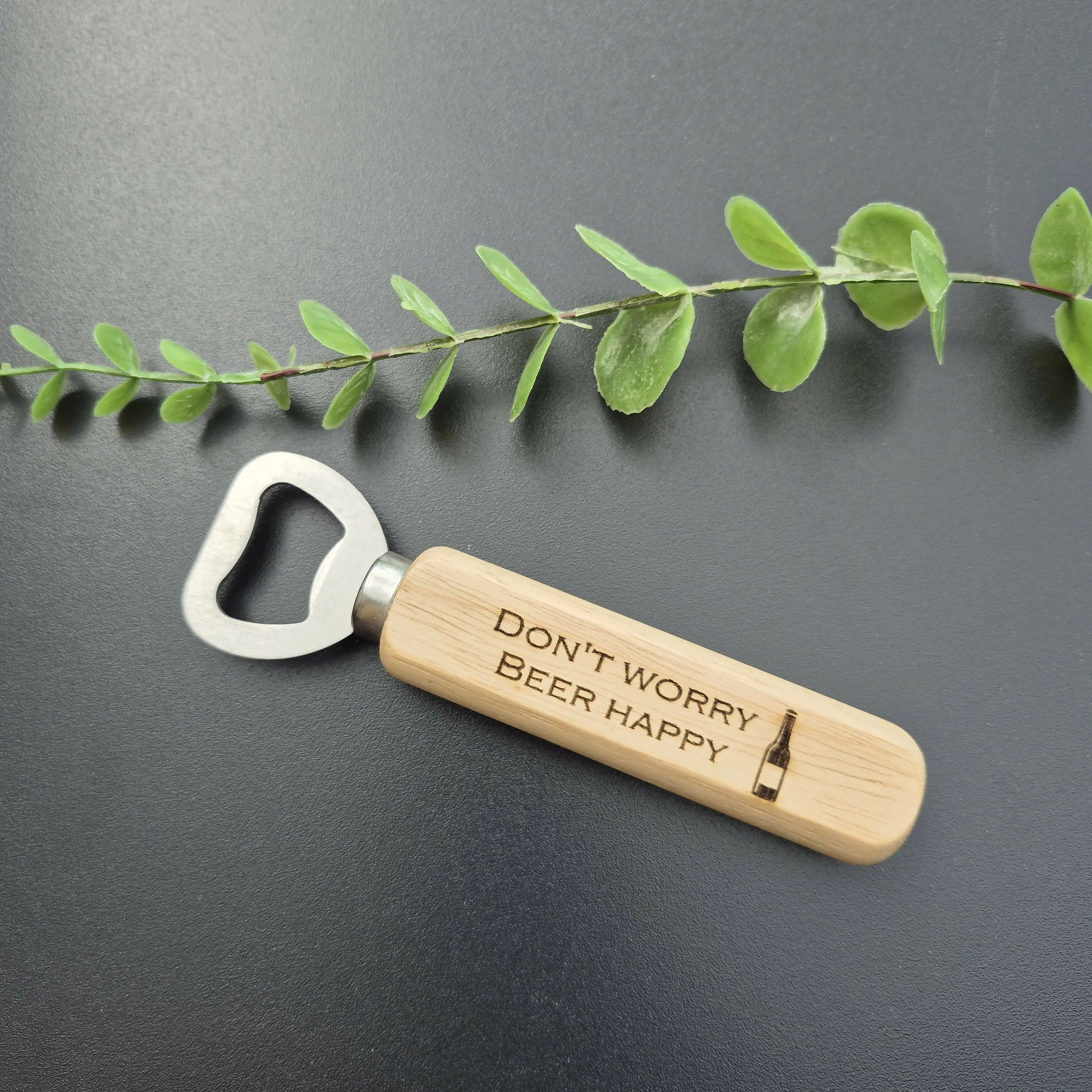 Engraved Wooden Bottle Opener – Rustic Bar Tool with Funny Sayings - Beer Happy