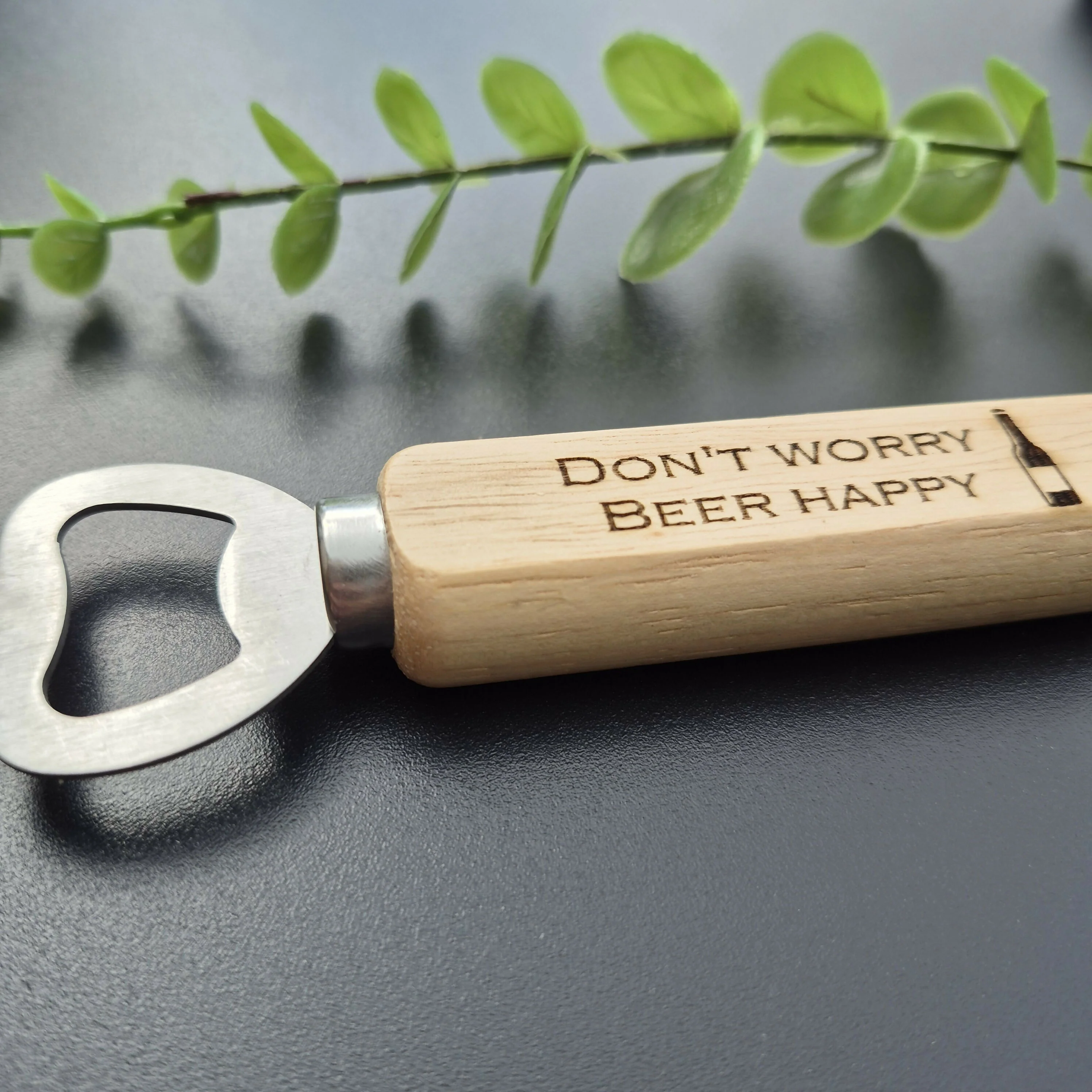 Engraved Wooden Bottle Opener – Rustic Bar Tool with Funny Sayings - Beer Happy - Image 2