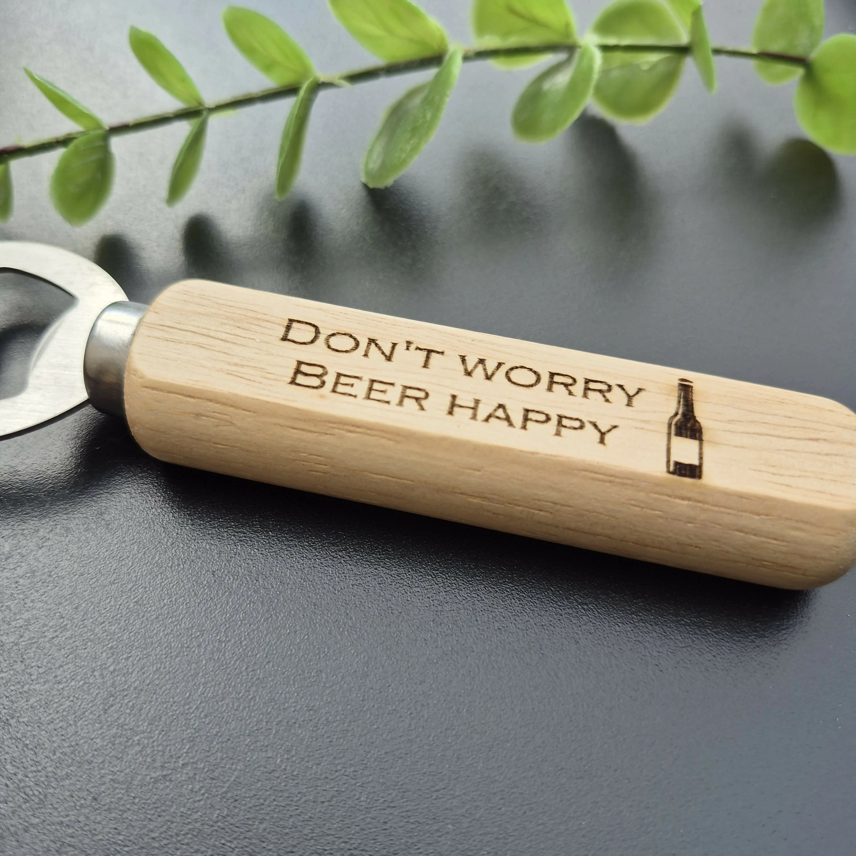 Engraved Wooden Bottle Opener – Rustic Bar Tool with Funny Sayings - Beer Happy - Image 3