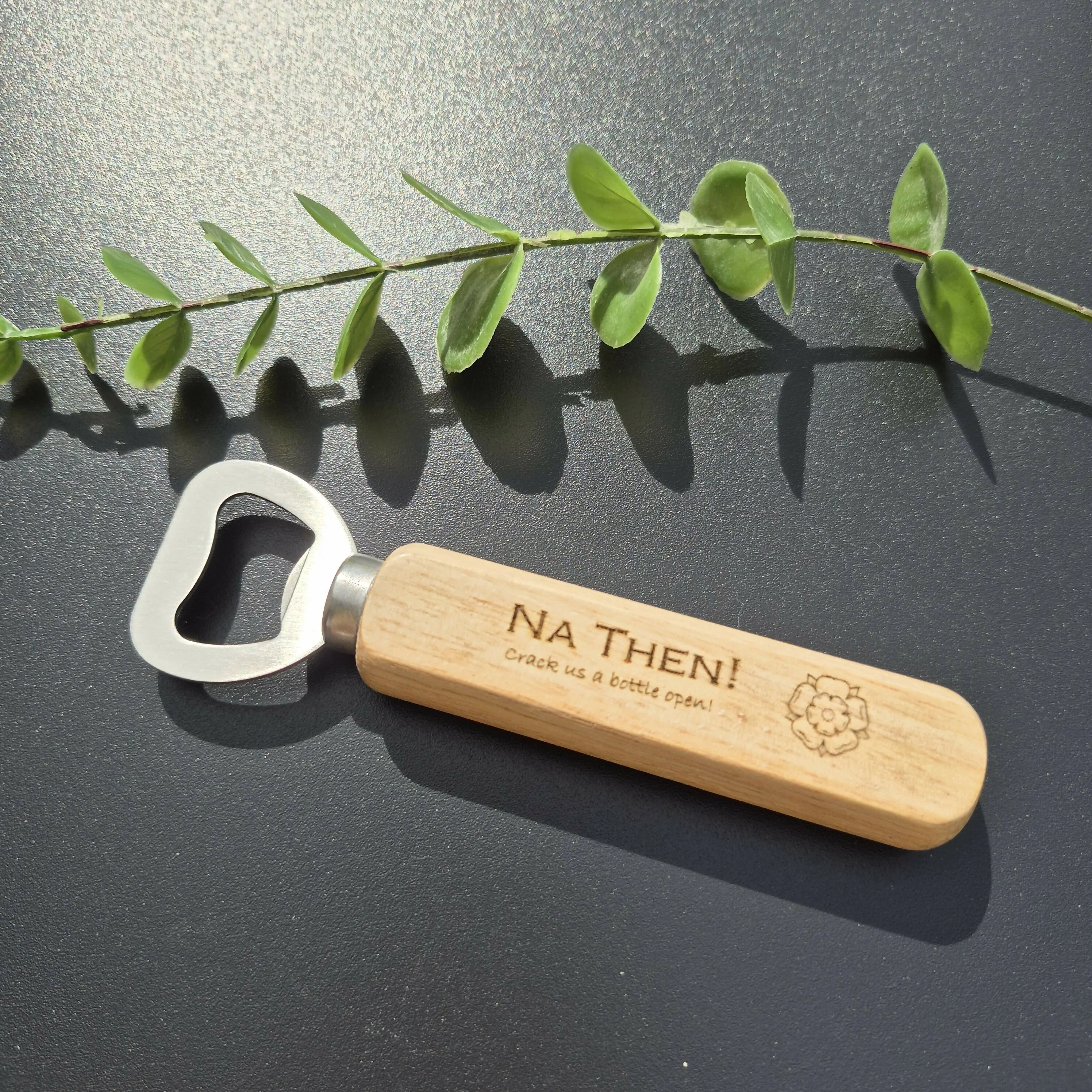 Engraved Wooden Bottle Opener – Rustic Bar Tool with Funny Sayings - Nah Then