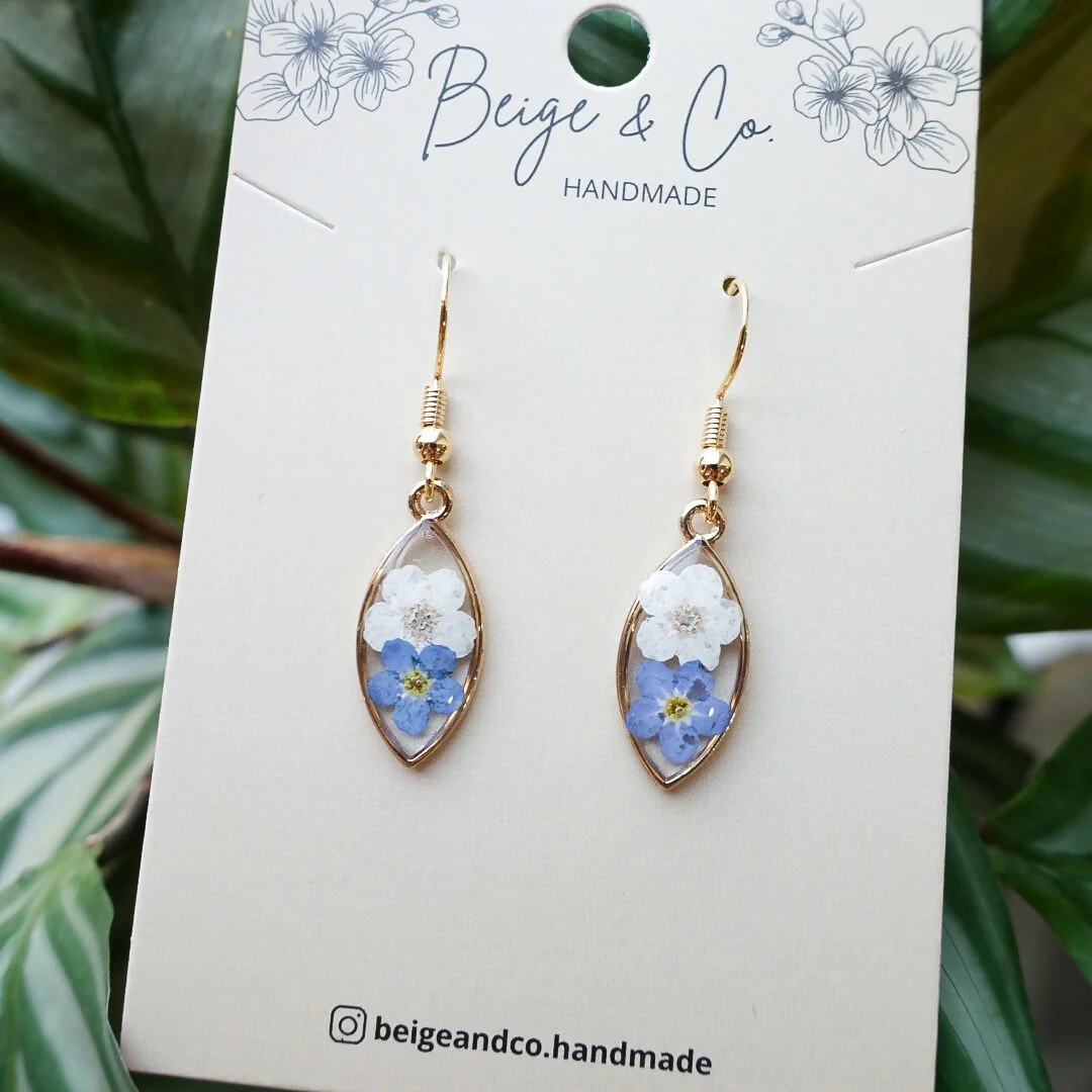 Fish Eye Real Flower Forget Me Not Earrings