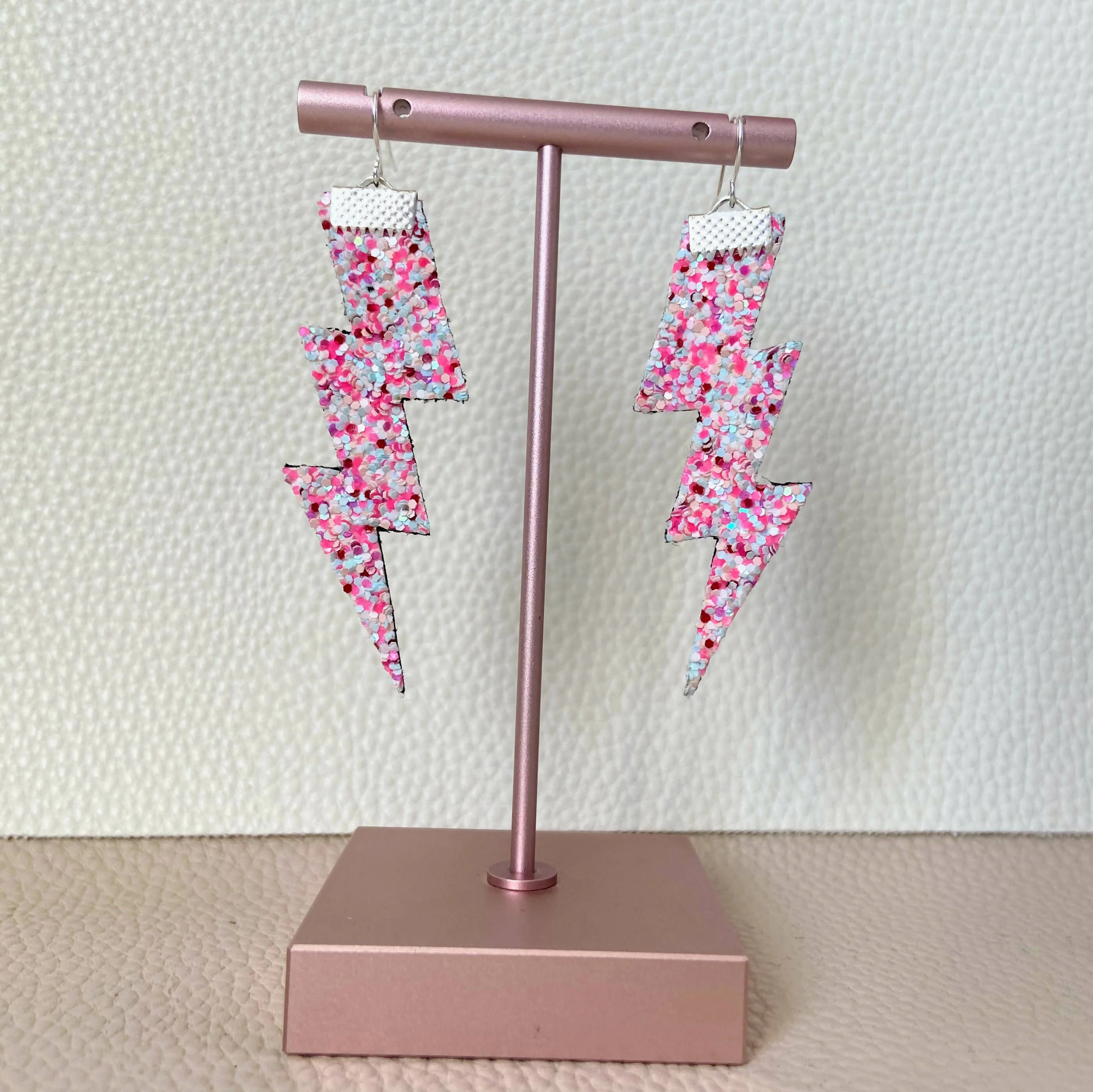 Flash Lightning Bolt Earrings in Pink Confetti Glitter - Image 3