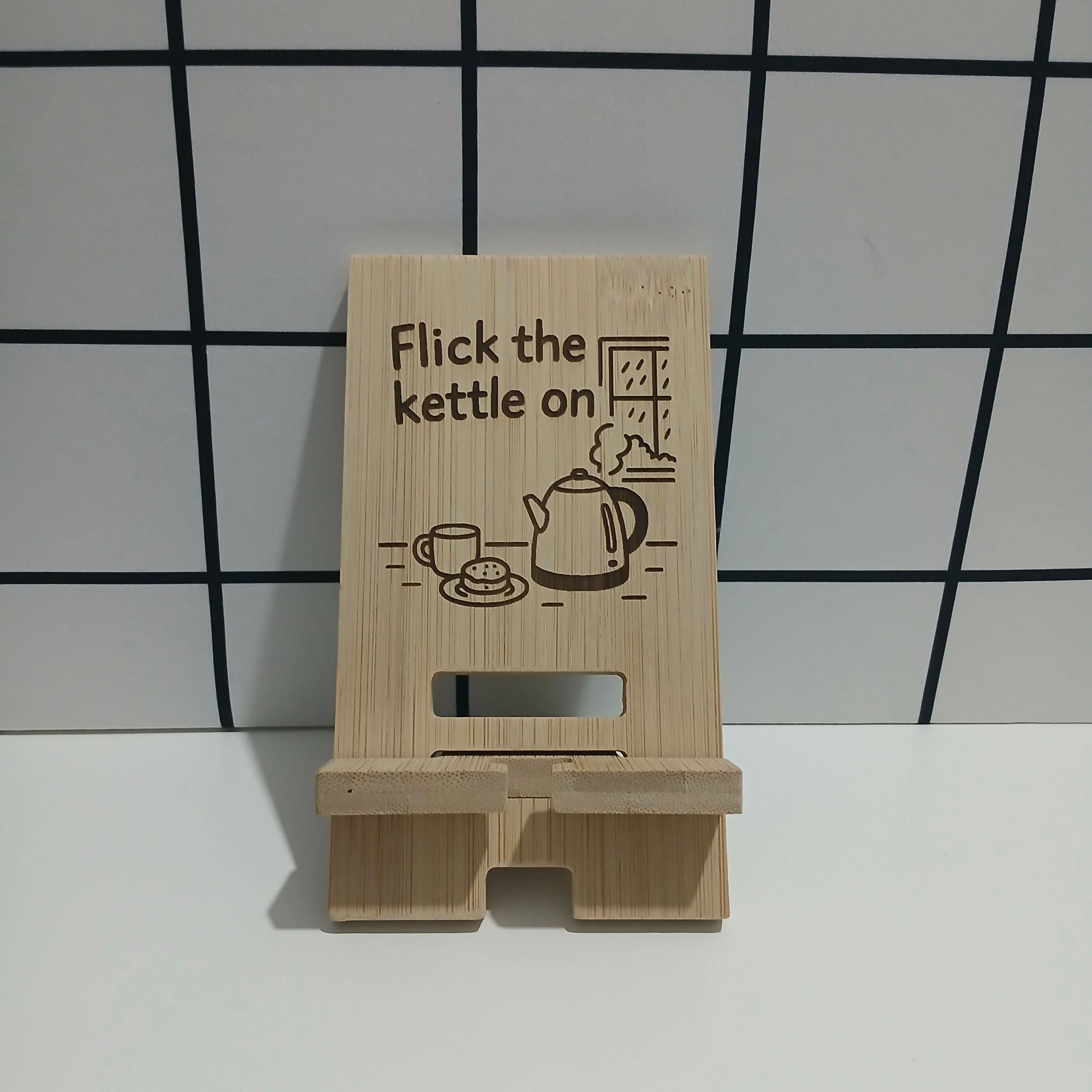 Flick the Kettle on Bamboo Mobile Phone Stand Holder