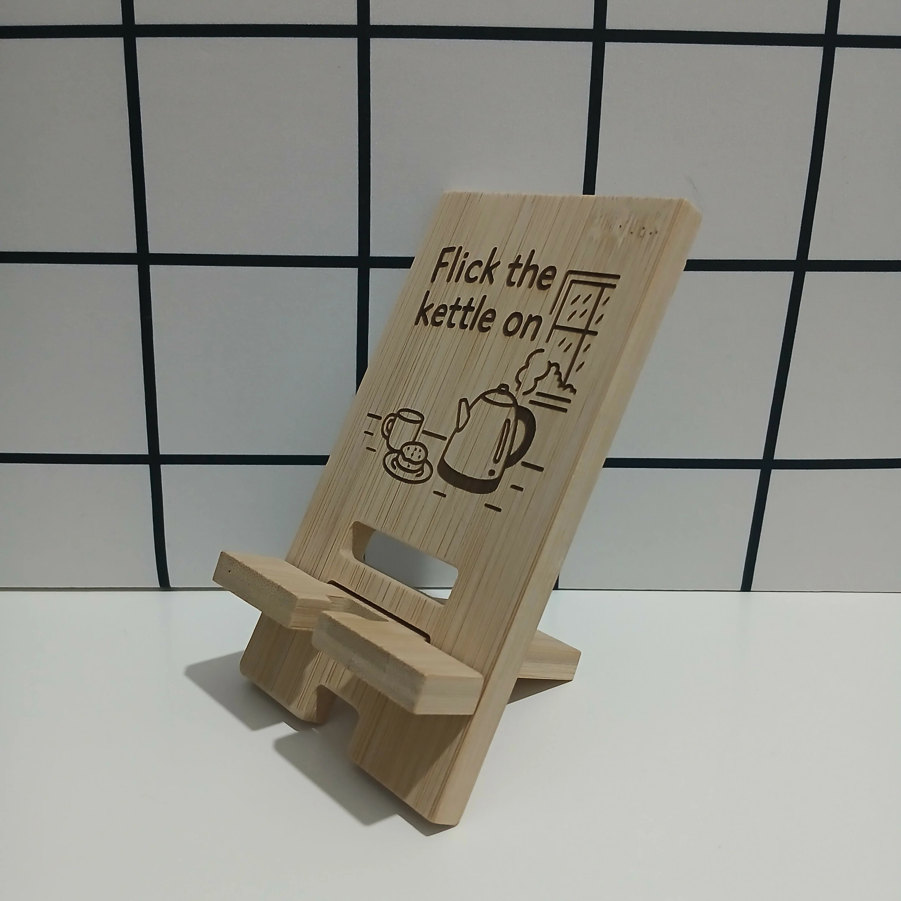 Flick the Kettle on Bamboo Mobile Phone Stand Holder - Image 4