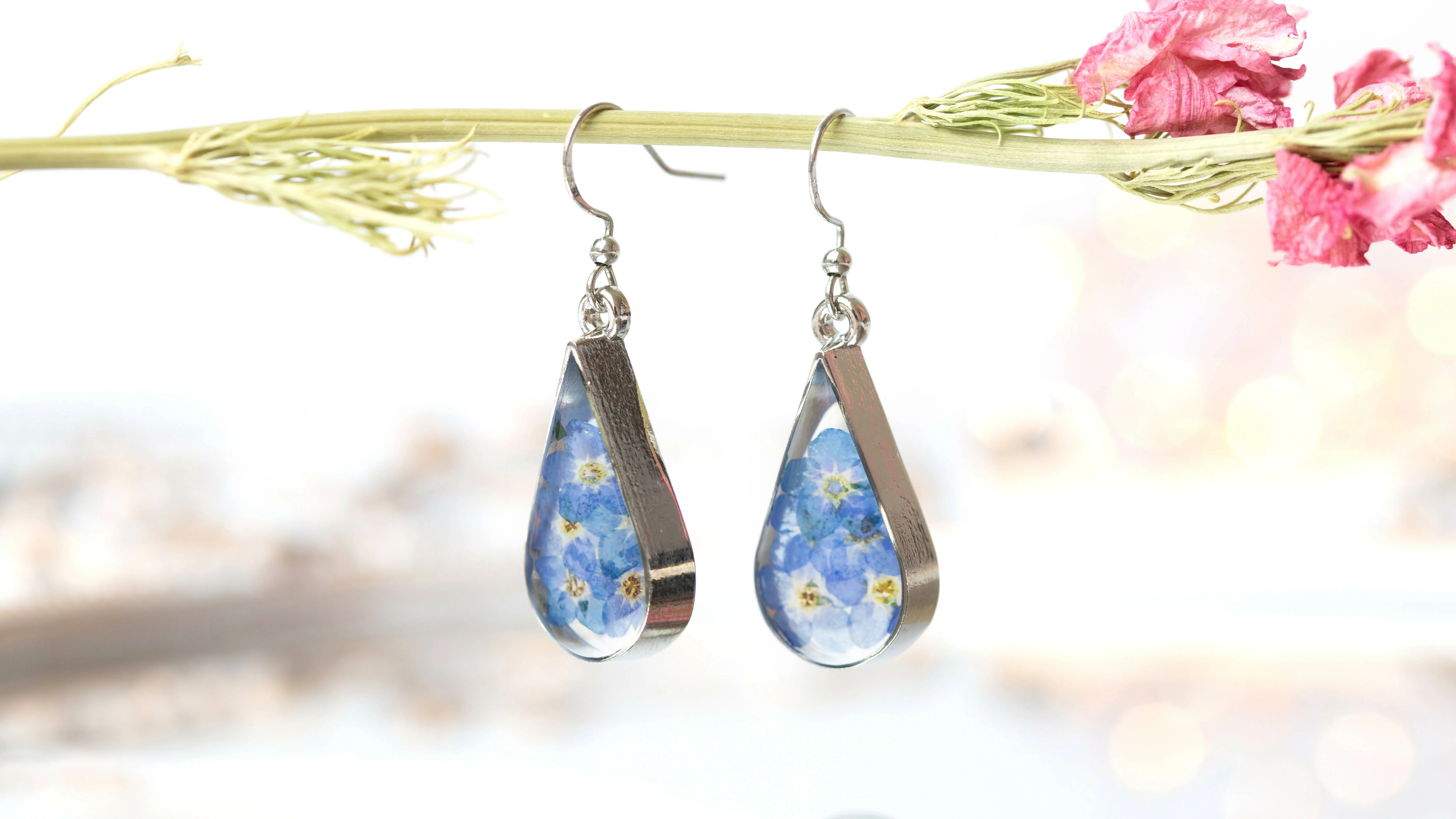 Forget Me Not Deep Teardrop Earrings Silver Plated - Image 4