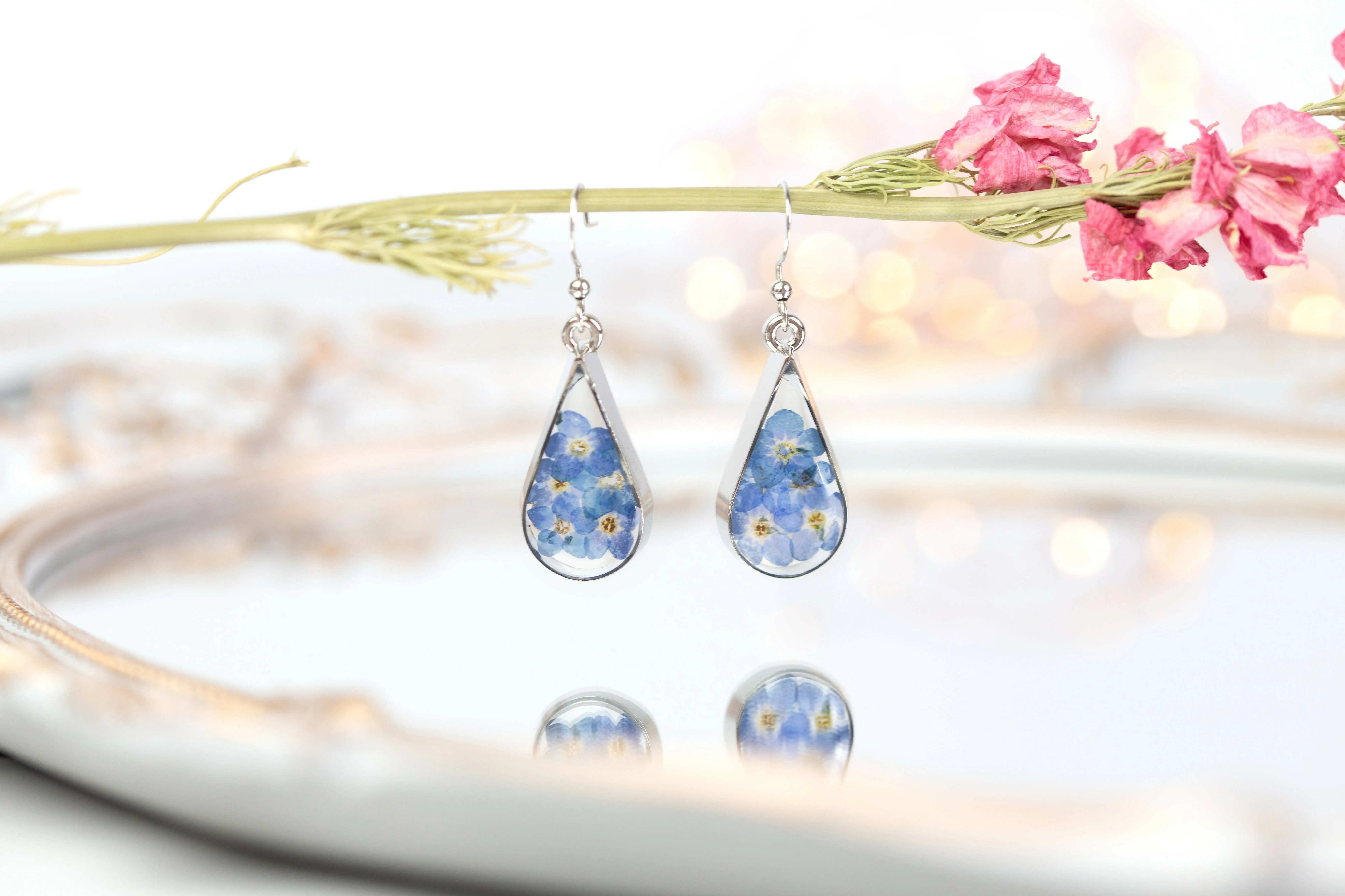 Forget Me Not Deep Teardrop Earrings Silver Plated - Image 5
