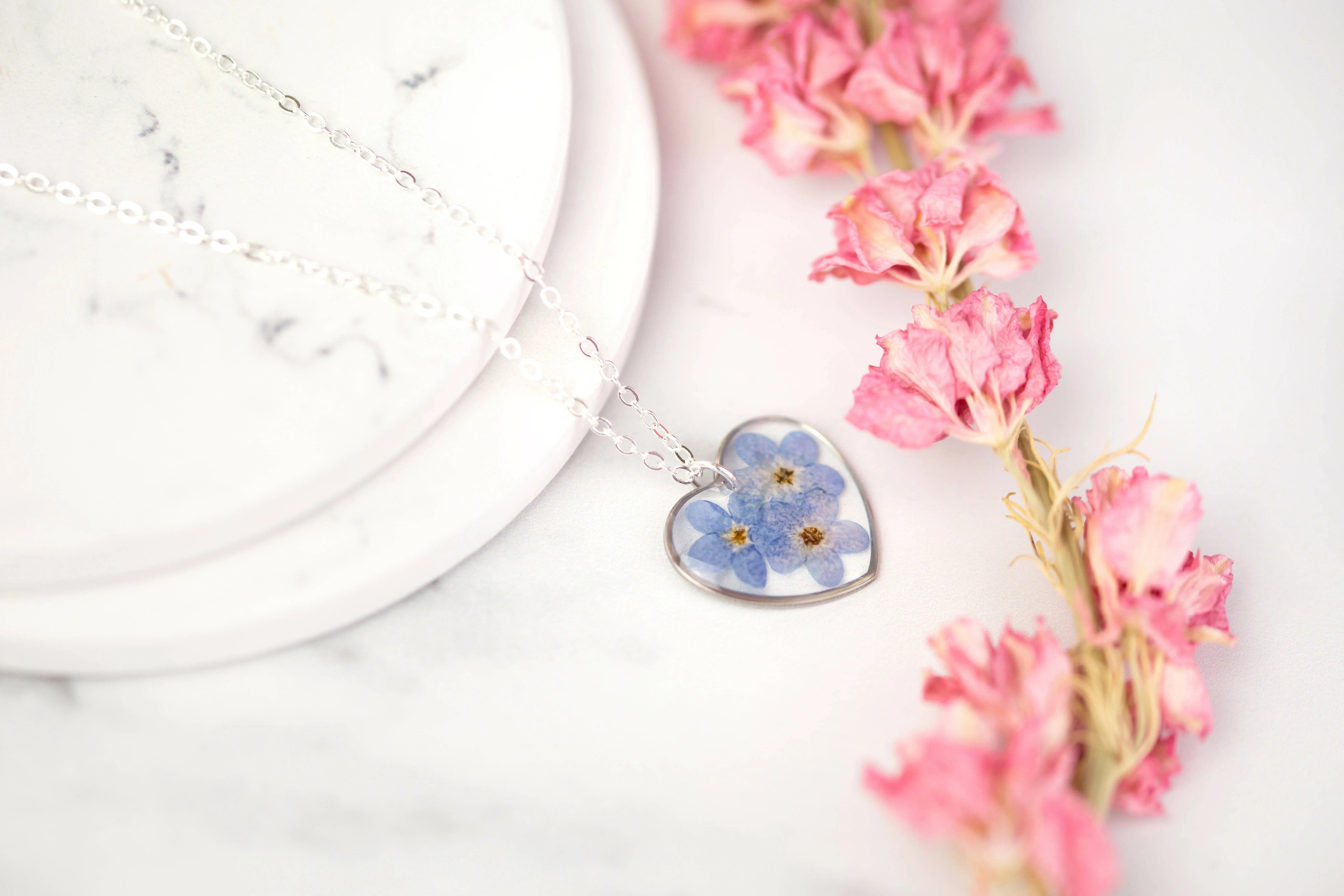 Forget Me Not Heart Necklace Sterling Silver