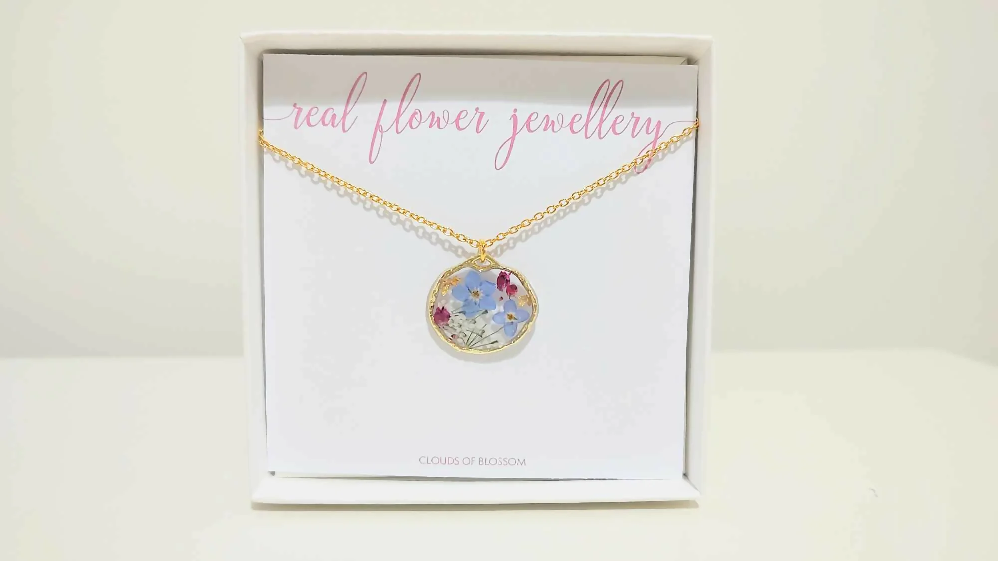Forget Me Not, Heather and Lace Flower Gold Plated Necklace