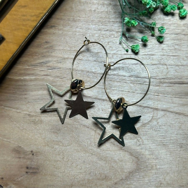Fun Gold Plated Hoops Featuring Double Star Charms - Image 2