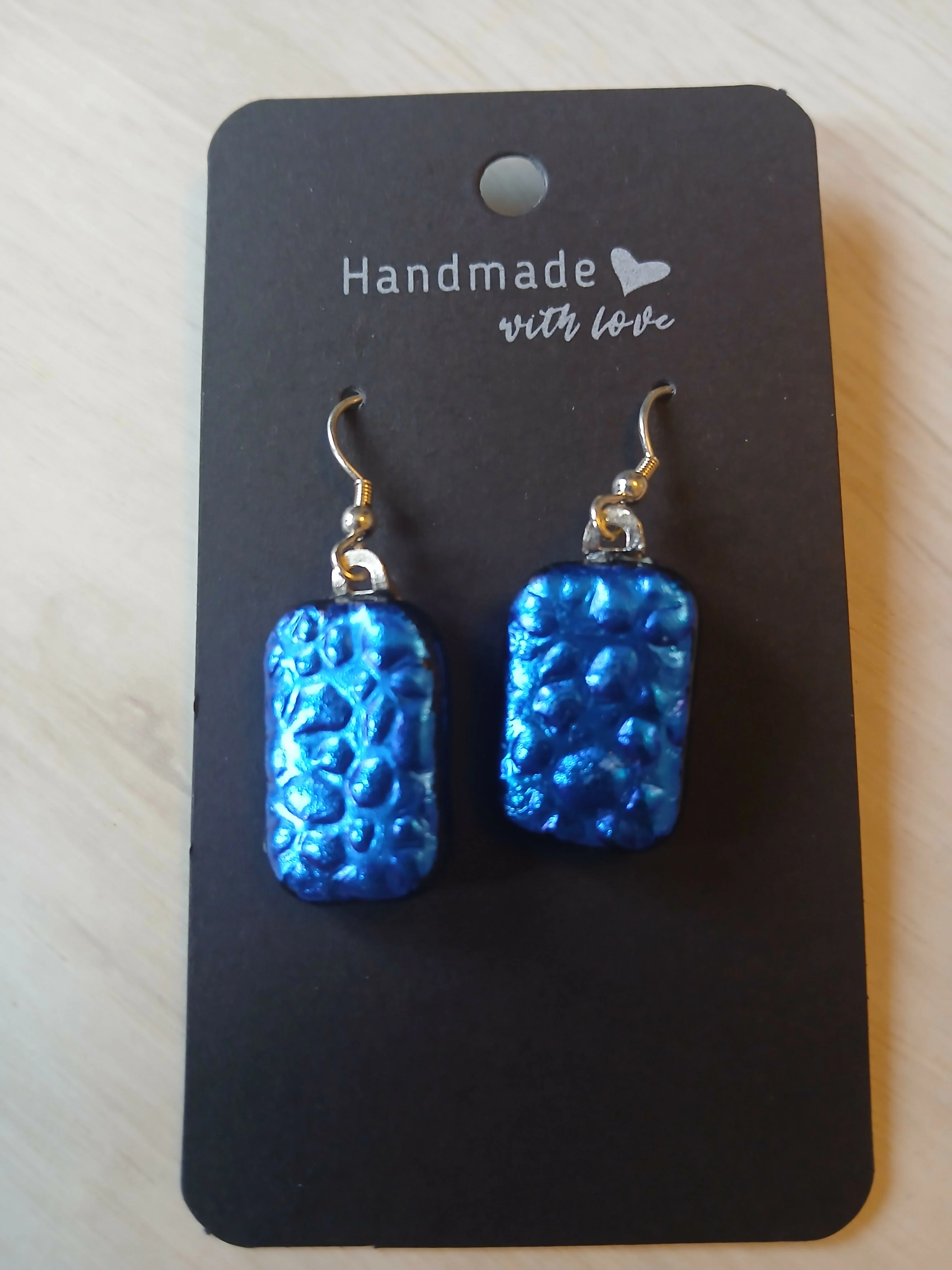 Fused Dichroic Glass Earrings in Dewdrop Pattern Blue With Sterling Silver Hooks - Image 2
