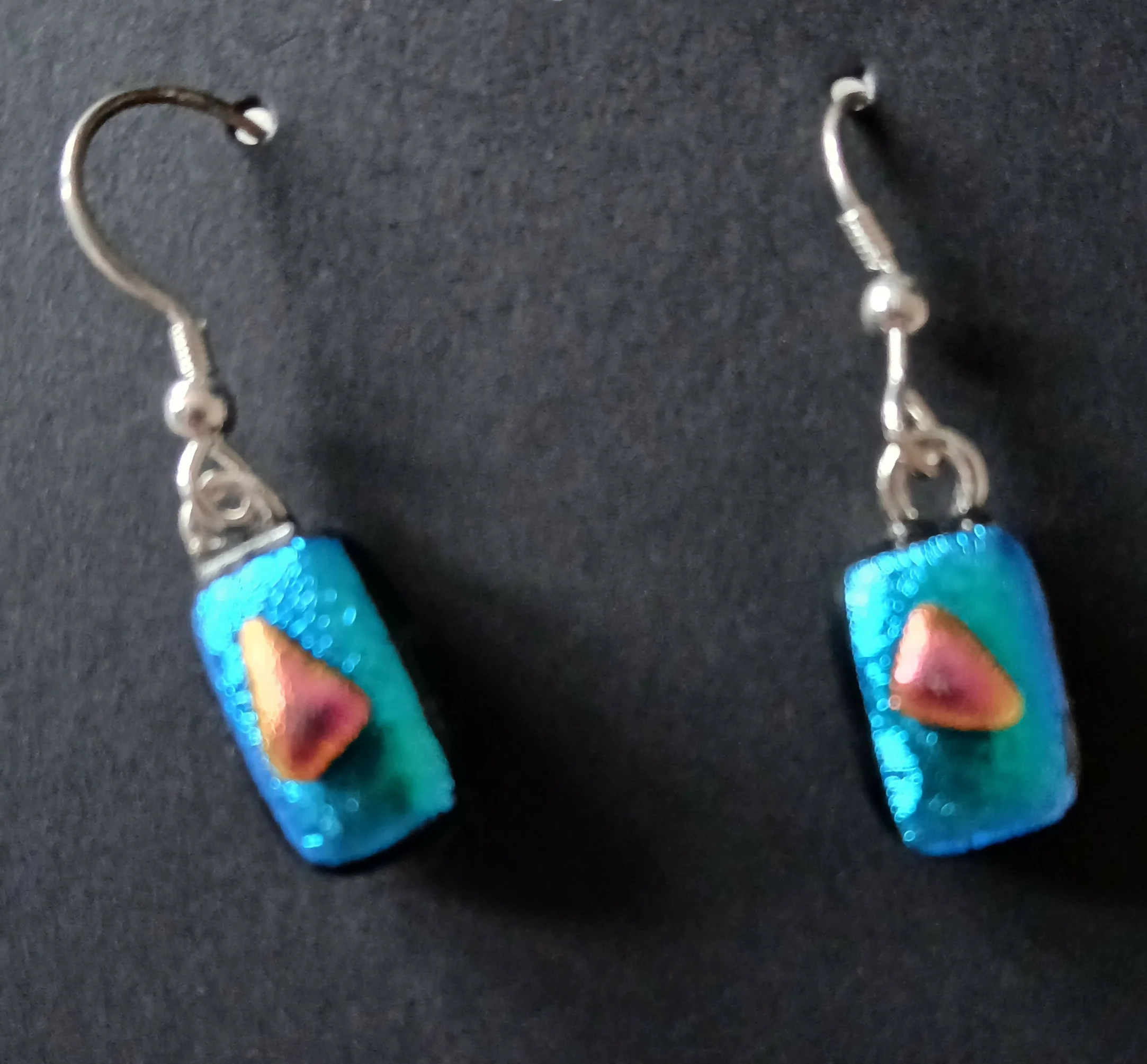 Fused Dichroic Glass Earrings in Green and Pink with Sterling Silver Hooks - Image 2
