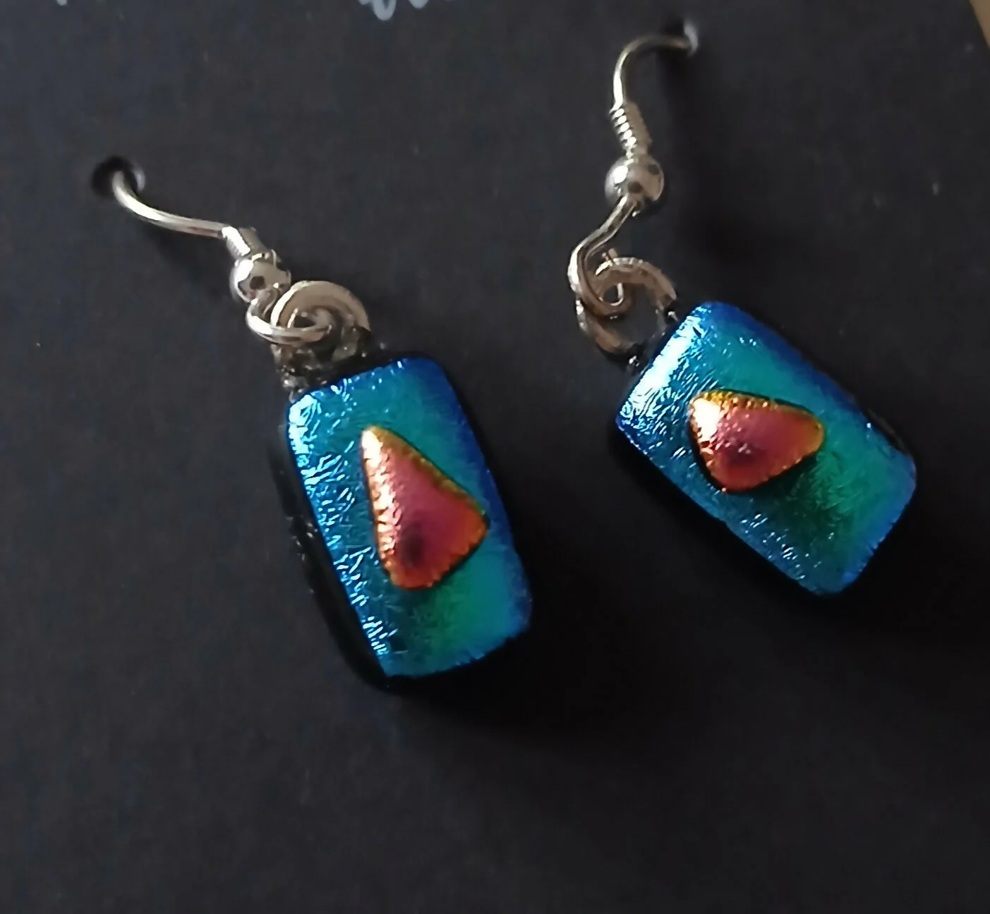 Fused Dichroic Glass Earrings in Green and Pink with Sterling Silver Hooks - Image 3