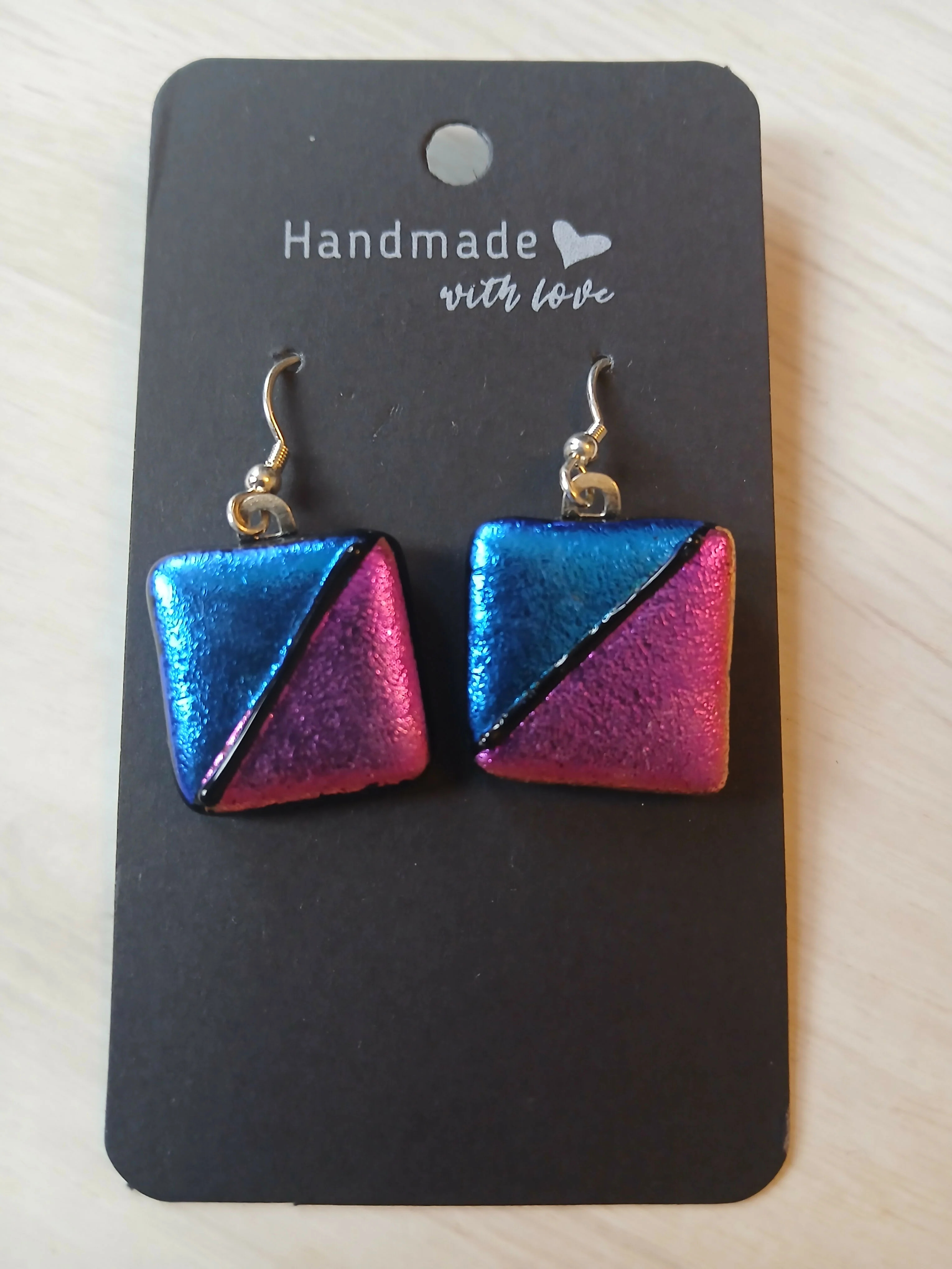 Fused Dichroic Glass Earrings in Pink and Blue With Sterling Silver Hooks - Image 2