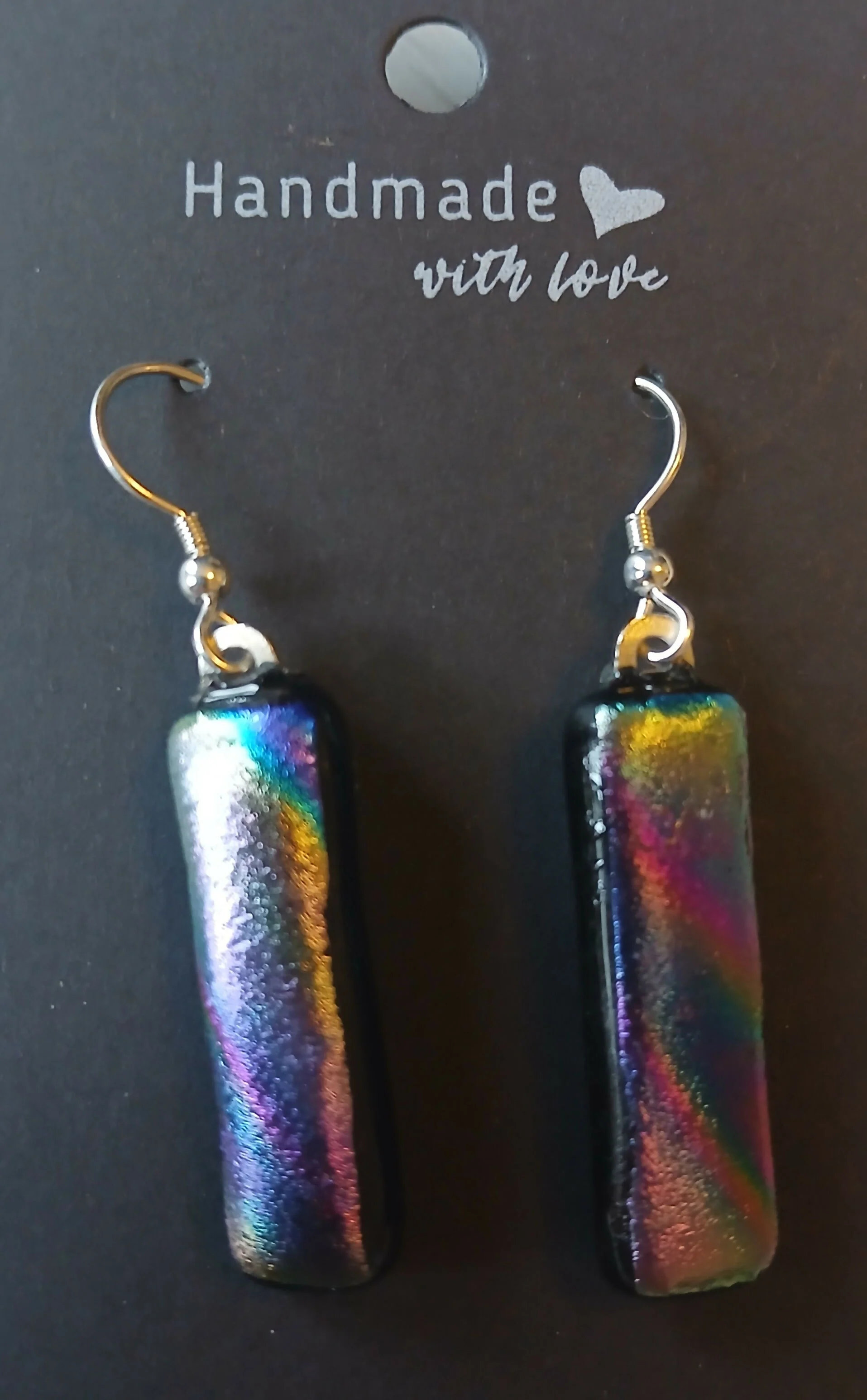 Fused Dichroic Glass Earrings in Rainbow With Sterling Silver Hooks