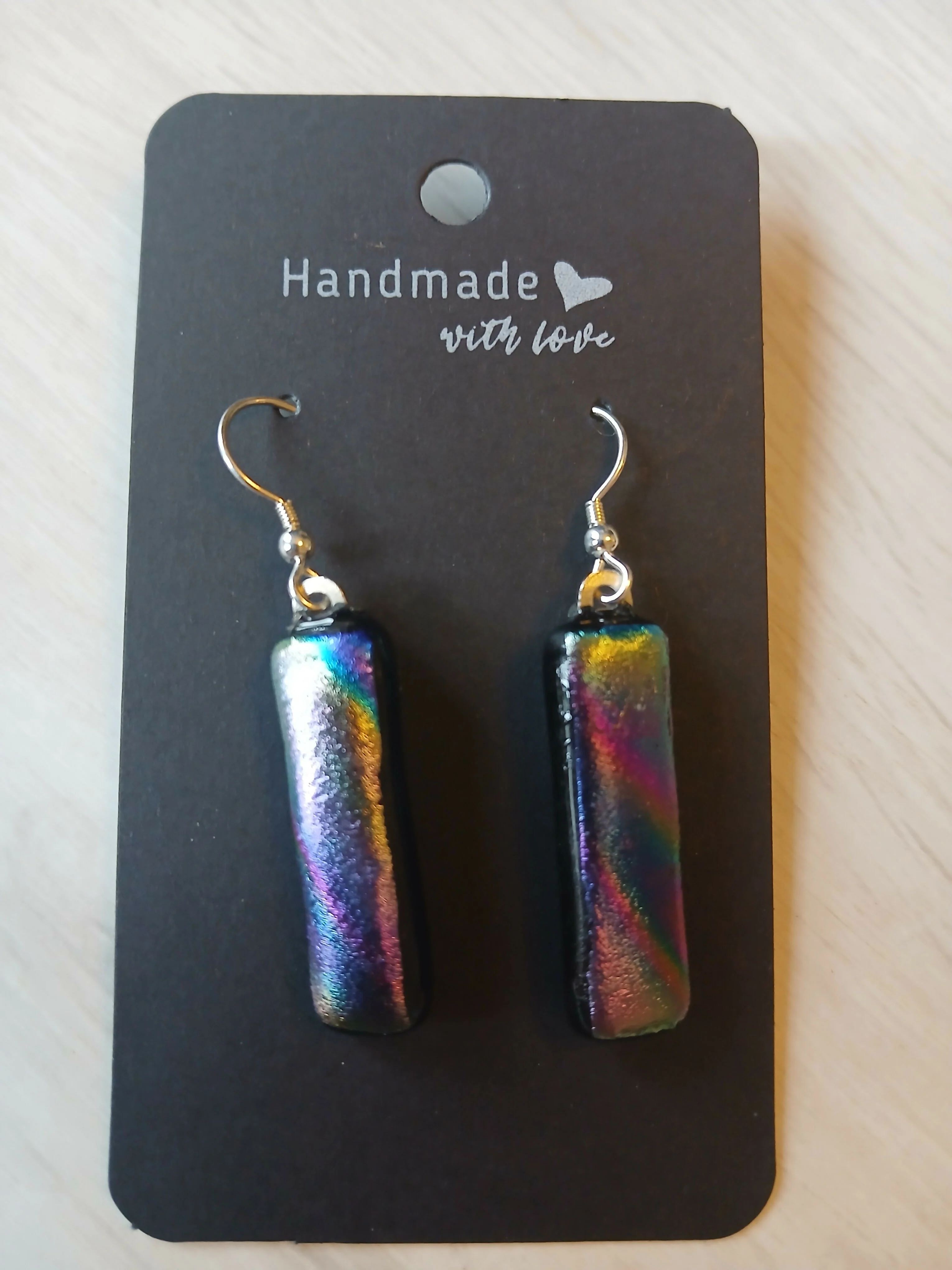 Fused Dichroic Glass Earrings in Rainbow With Sterling Silver Hooks - Image 2