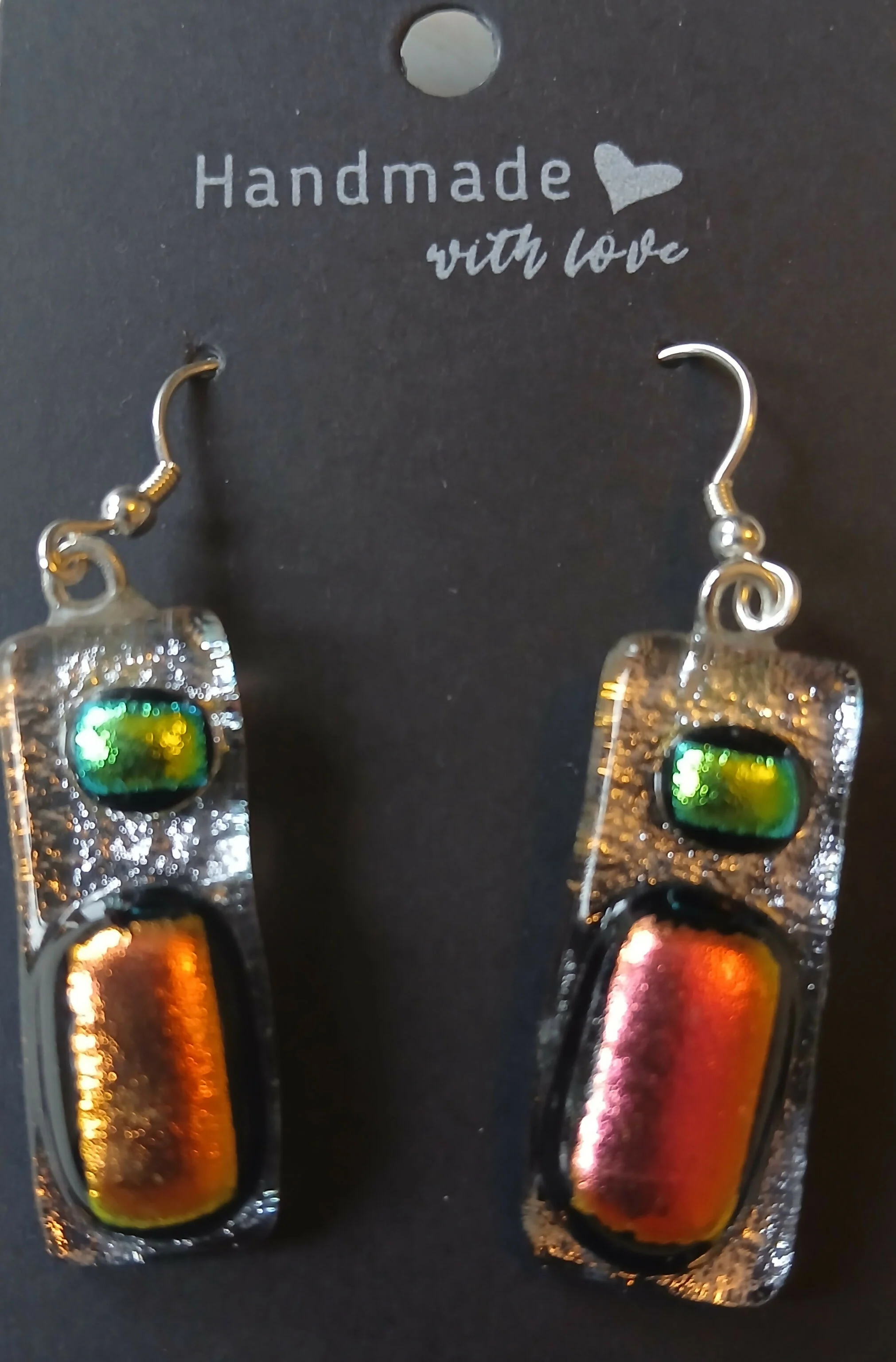 Fused Dichroic Glass Earrings in Silver with Pink and Yellow Beads and Sterling Silver Hooks