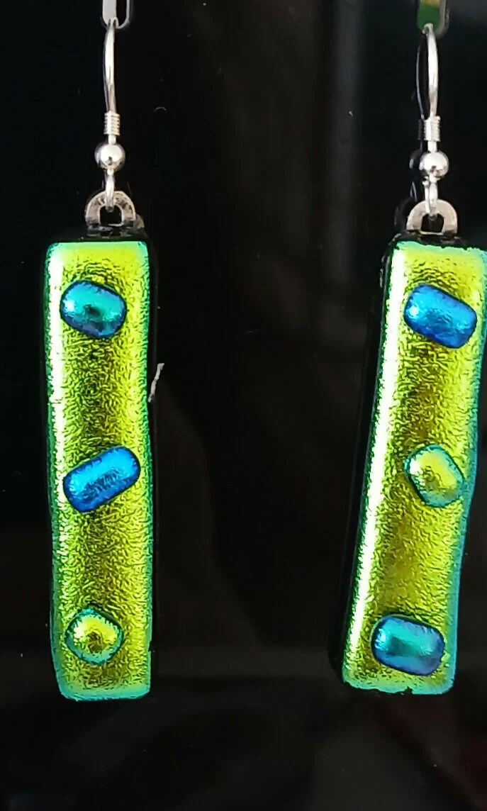 Fused Dichroic Glass Earrings in Yellow and Green With Sterling Silver Hooks - Image 2