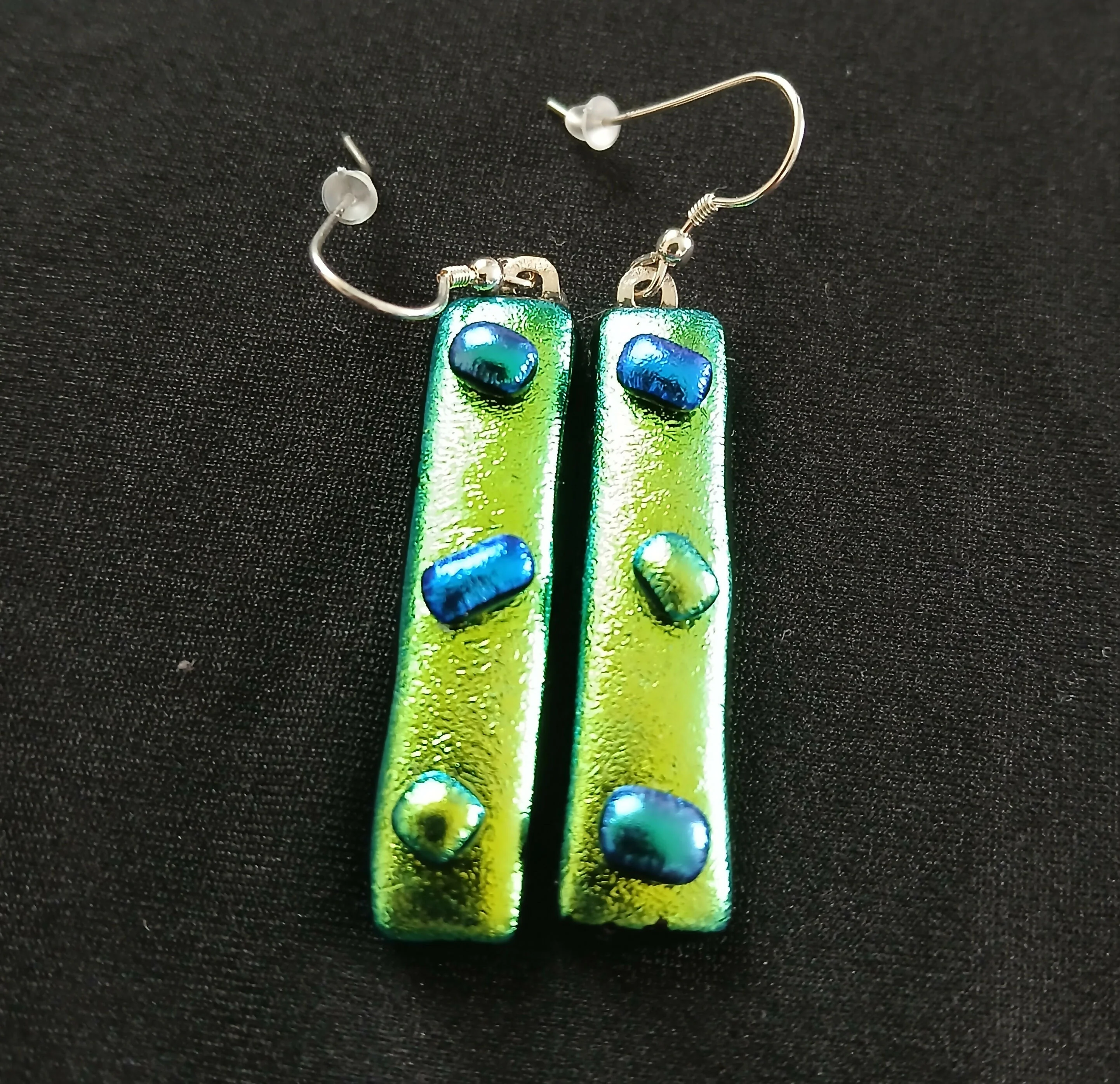 Fused Dichroic Glass Earrings in Yellow and Green With Sterling Silver Hooks - Image 3