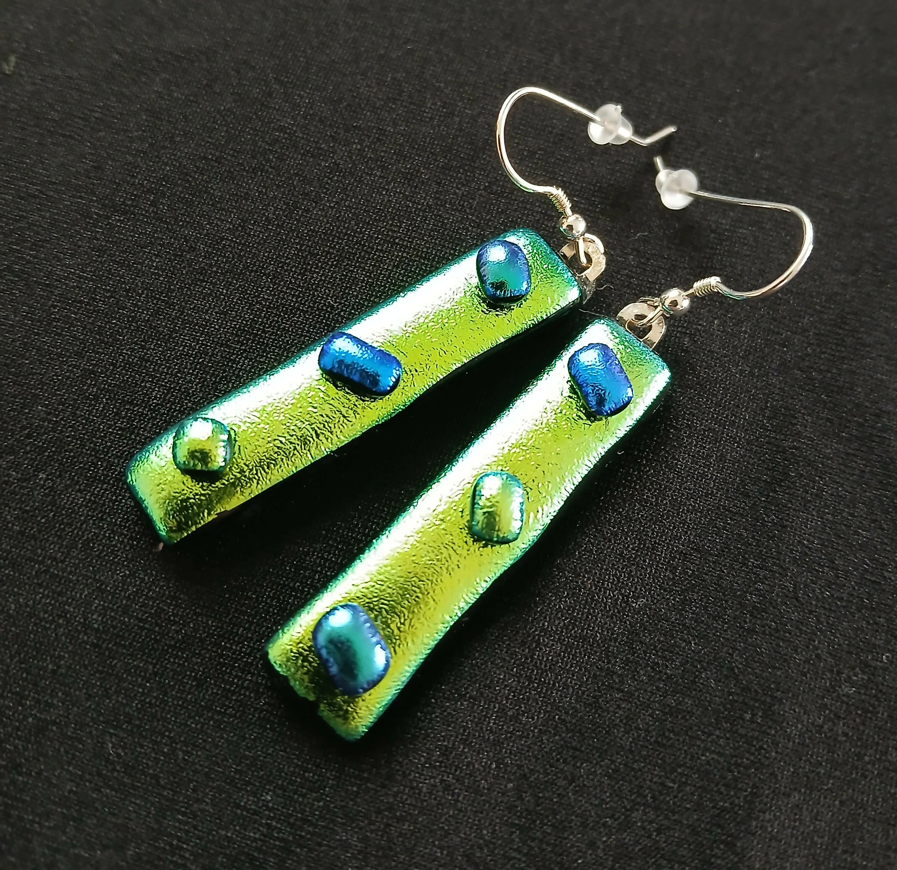 Fused Dichroic Glass Earrings in Yellow and Green With Sterling Silver Hooks - Image 4