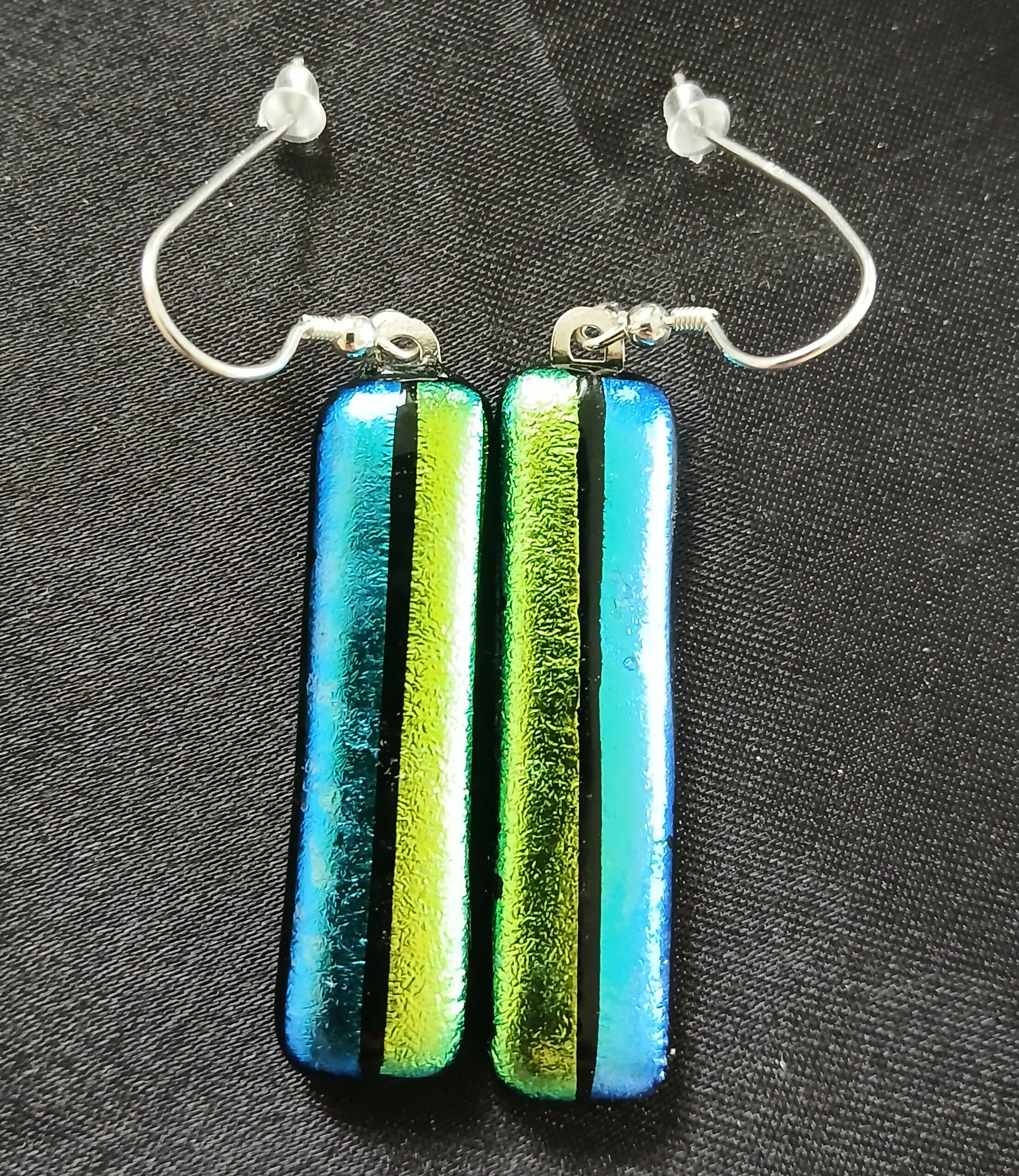 Fused Dichroic Glass Earrings in Yellow and Green with Sterling Silver Hooks