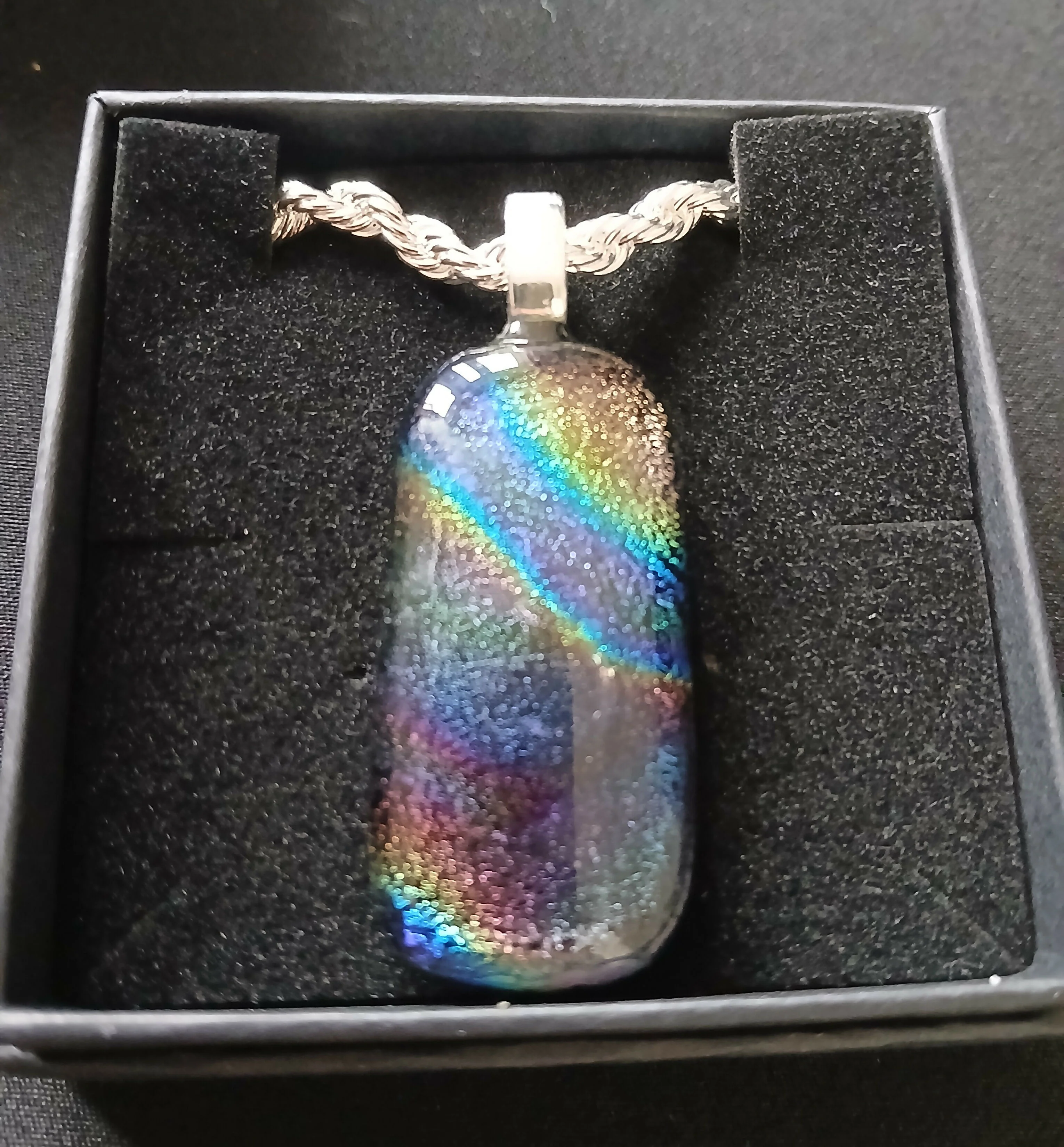 Fused Dichroic Glass Rectangular Pendant With a 925 Silver Chain Necklace (Rainbow Orange)
