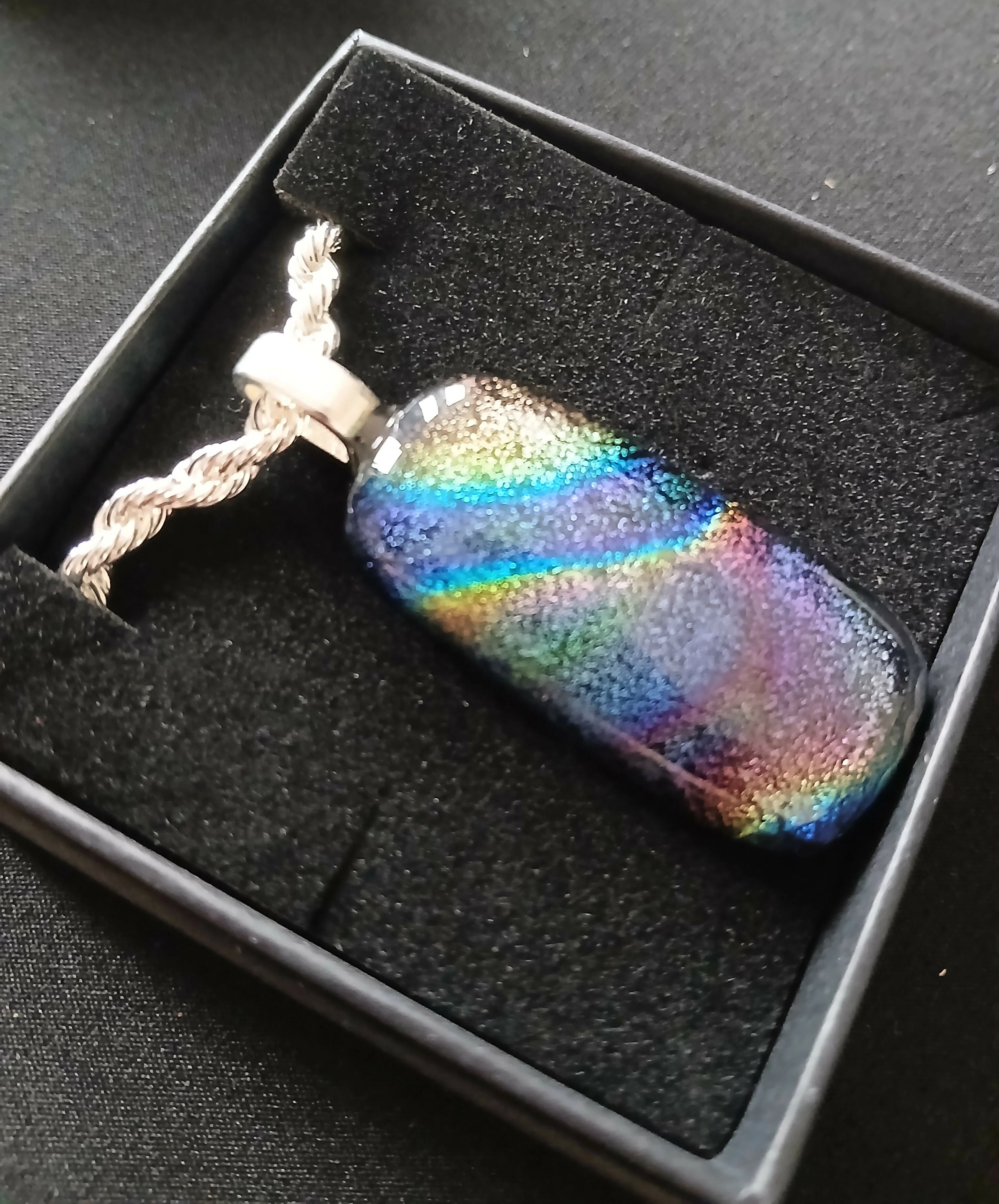 Fused Dichroic Glass Rectangular Pendant With a 925 Silver Chain Necklace (Rainbow Orange) - Image 2