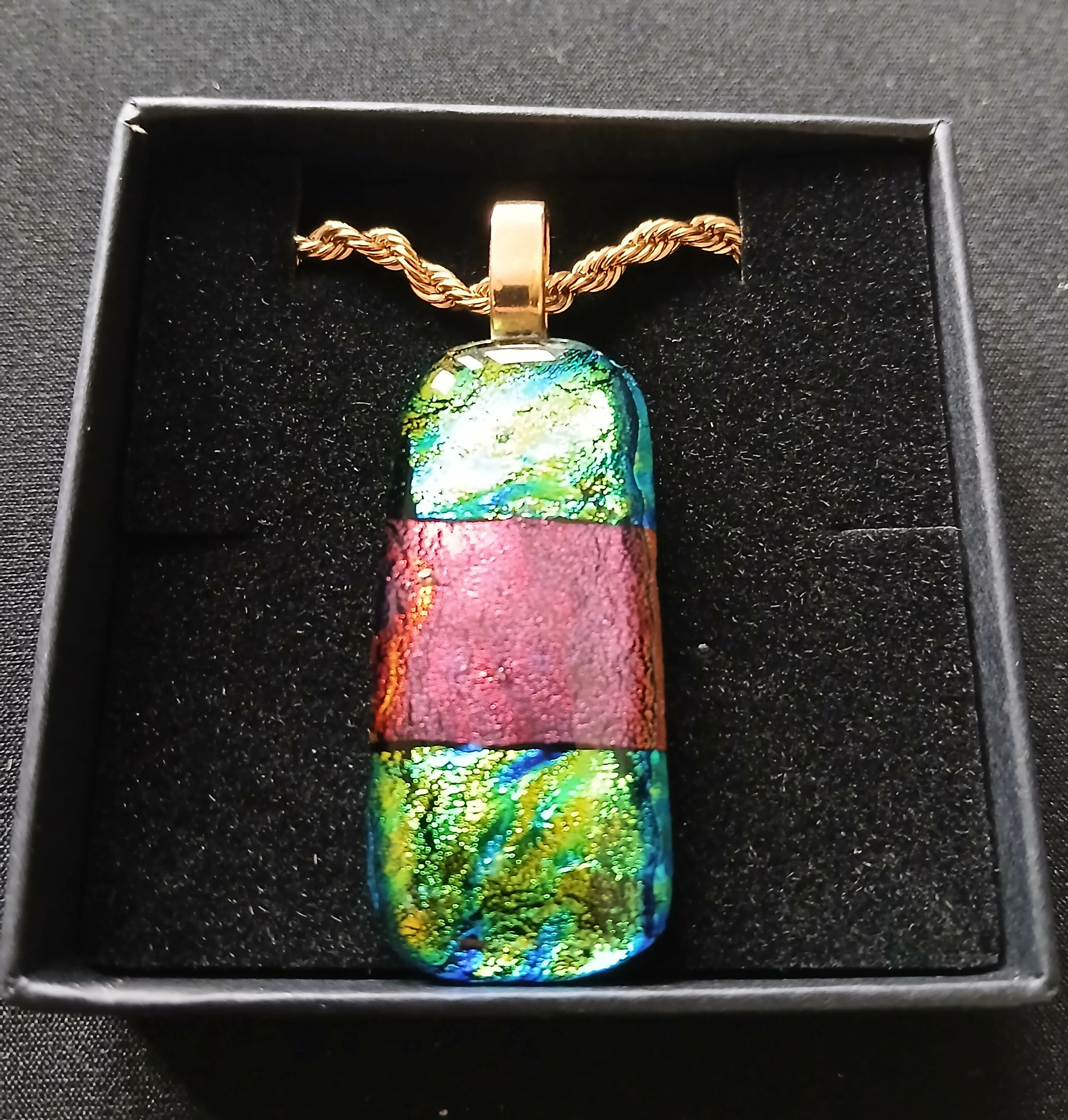 Fused Dichroic Glass Rectangular Pendant With a Gold Coloured Chain Necklace (Green/Gold and Dark Red)